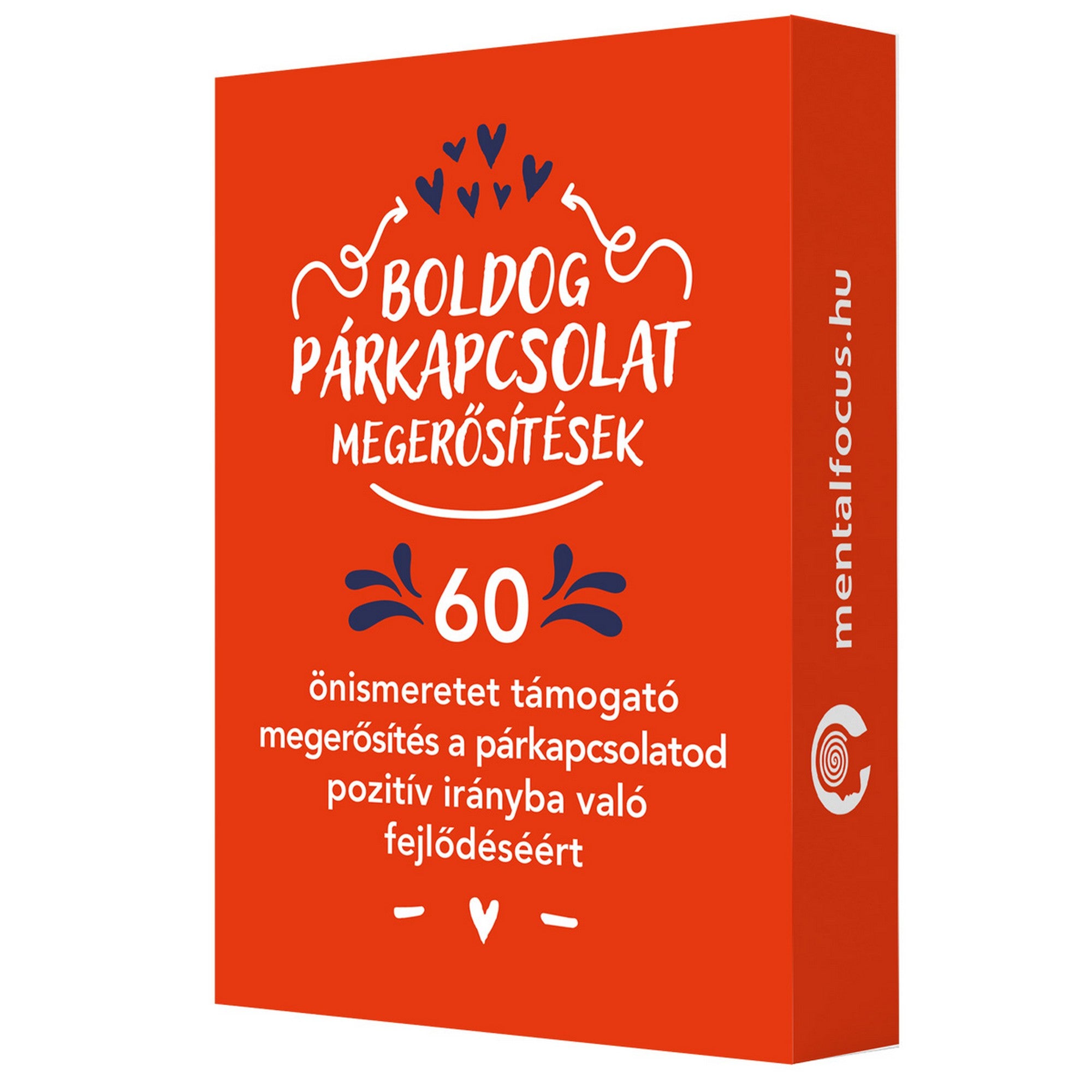 Boldog párkapcsolat megerősítések kártyacsomag doboza, amely 60 önismeretet támogató megerősítést tartalmaz a párkapcsolat pozitív fejlődéséhez.