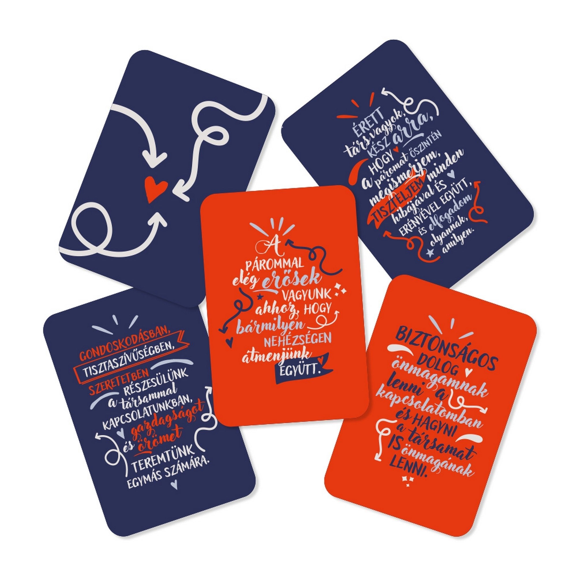 Boldog párkapcsolat megerősítések kártyák, piros és sötétkék dizájnnal, motiváló párkapcsolati idézetekkel és szívecske grafikákkal.