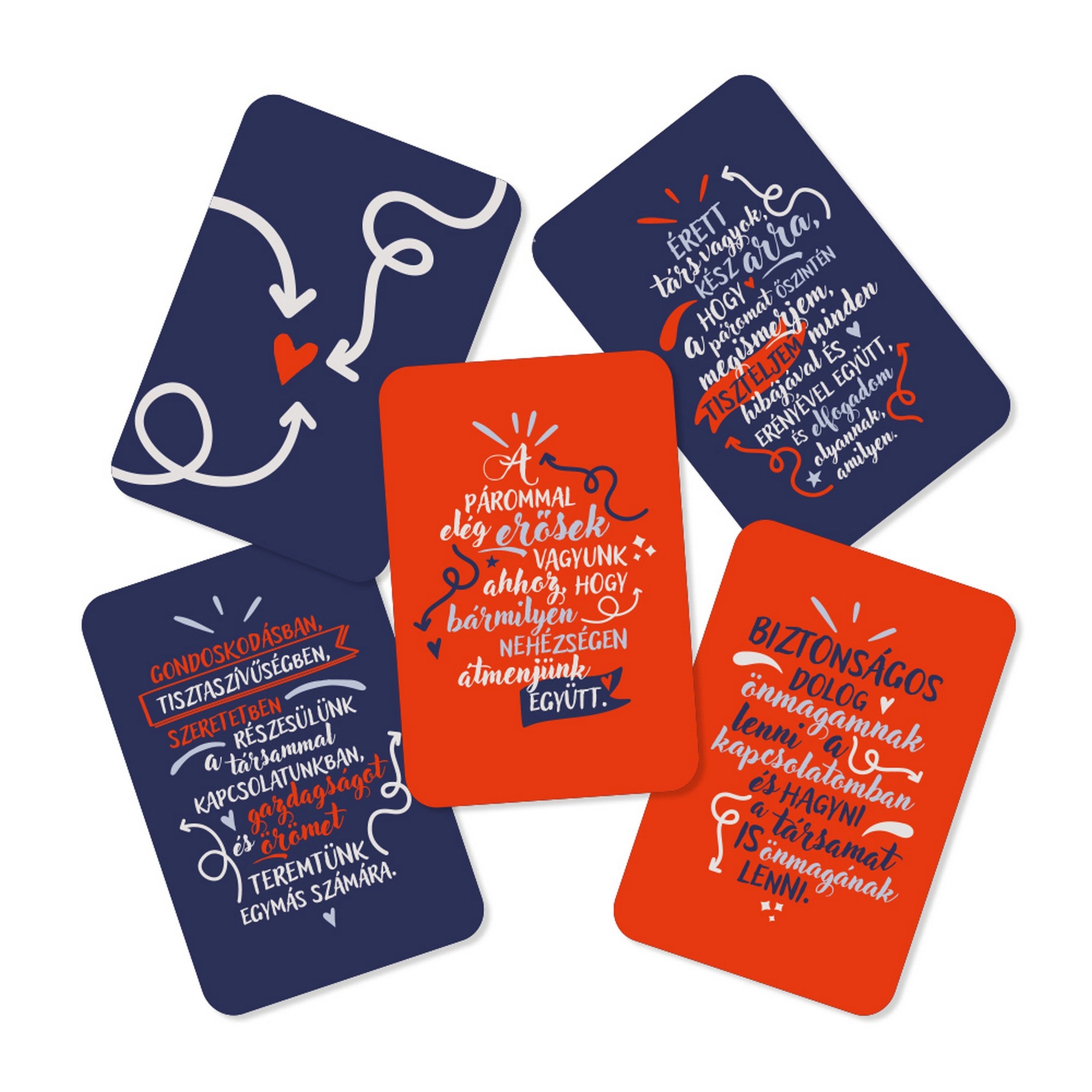 Boldog párkapcsolat megerősítések kártyák, piros és sötétkék dizájnnal, motiváló párkapcsolati idézetekkel és szívecske grafikákkal.