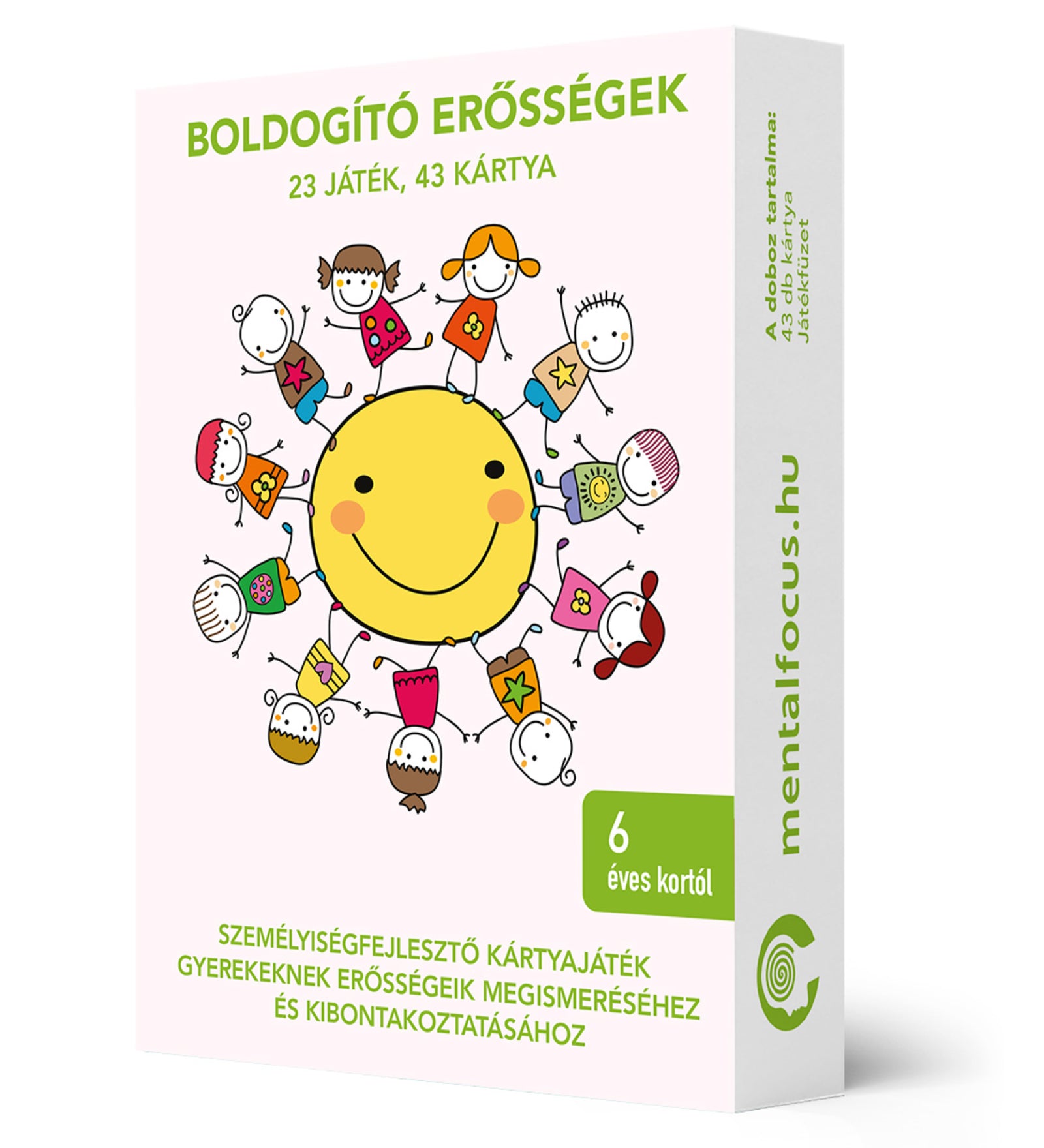 Boldogító erősségek személyiségfejlesztő kártyajáték doboza, 23 játékot és 43 kártyát tartalmazó csomagolás.