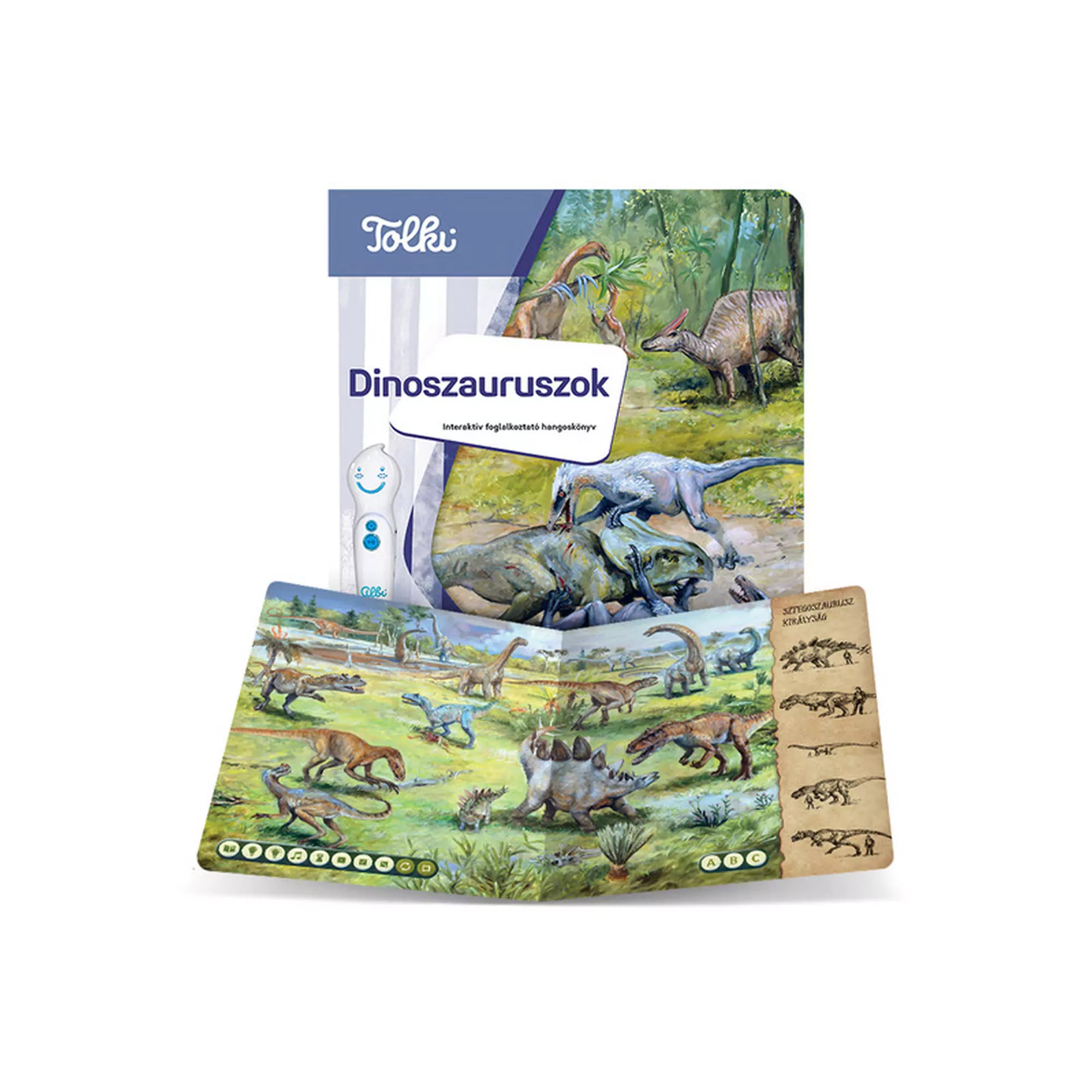 A Tolki – Dinoszauruszok interaktív foglalkoztató hangoskönyv nyitott állapotban, színes dinoszaurusz-illusztrációkkal és barna oldalsó kihajtható füllel.