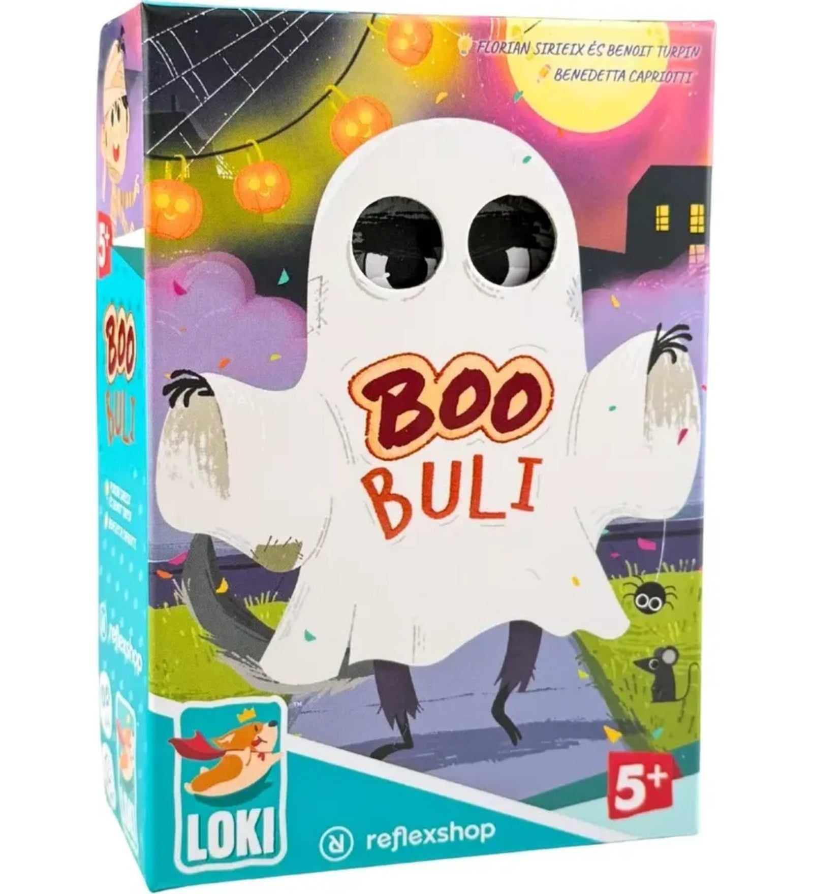 Boo Buli társasjáték doboza, aranyos szellemes borítóval, Halloween hangulatban, 5+ korosztálynak, LOKI kiadás.