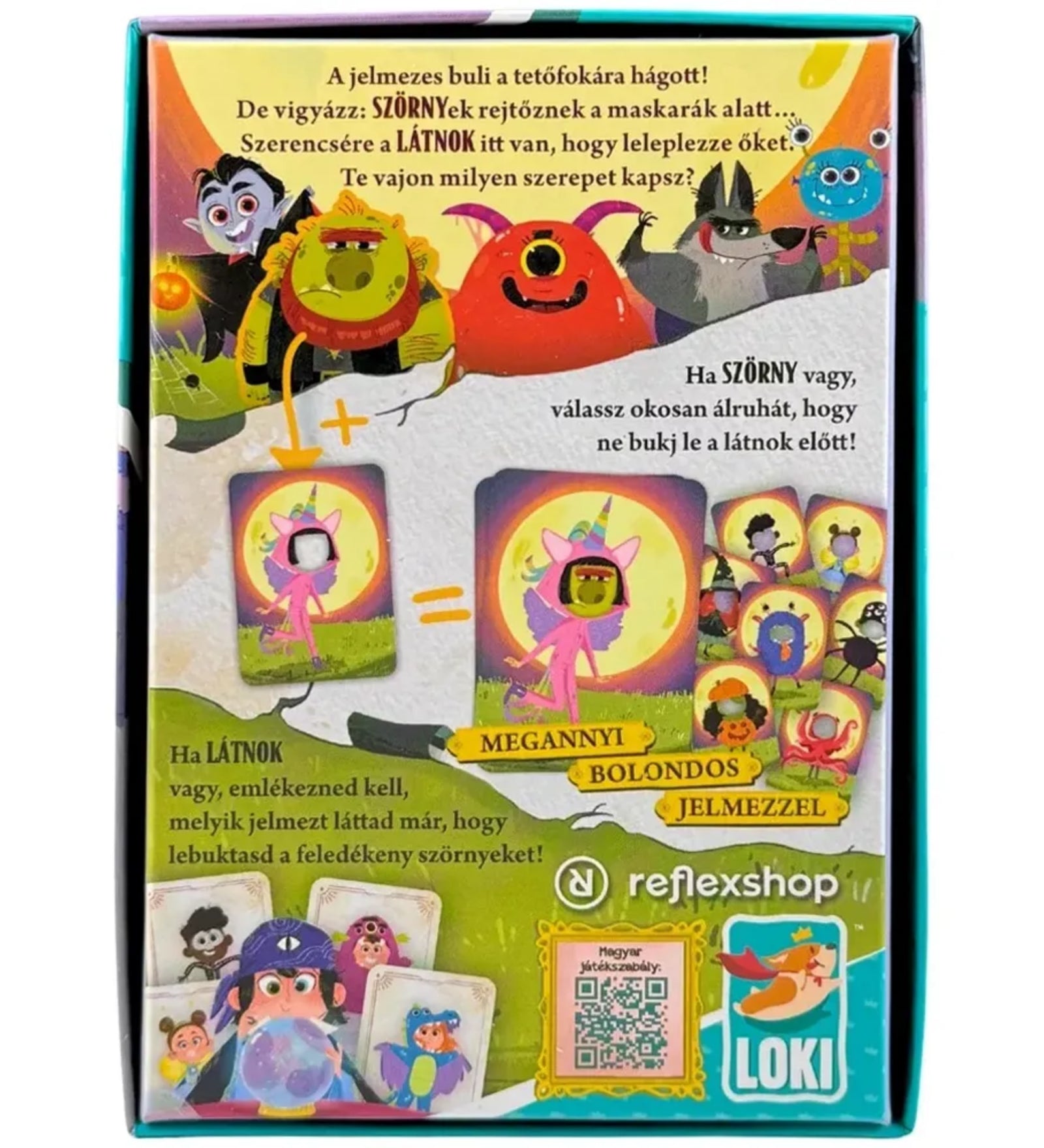 Boo Buli társasjáték hátoldala, játékleírással és példával, LOKI és reflexshop logóval.
