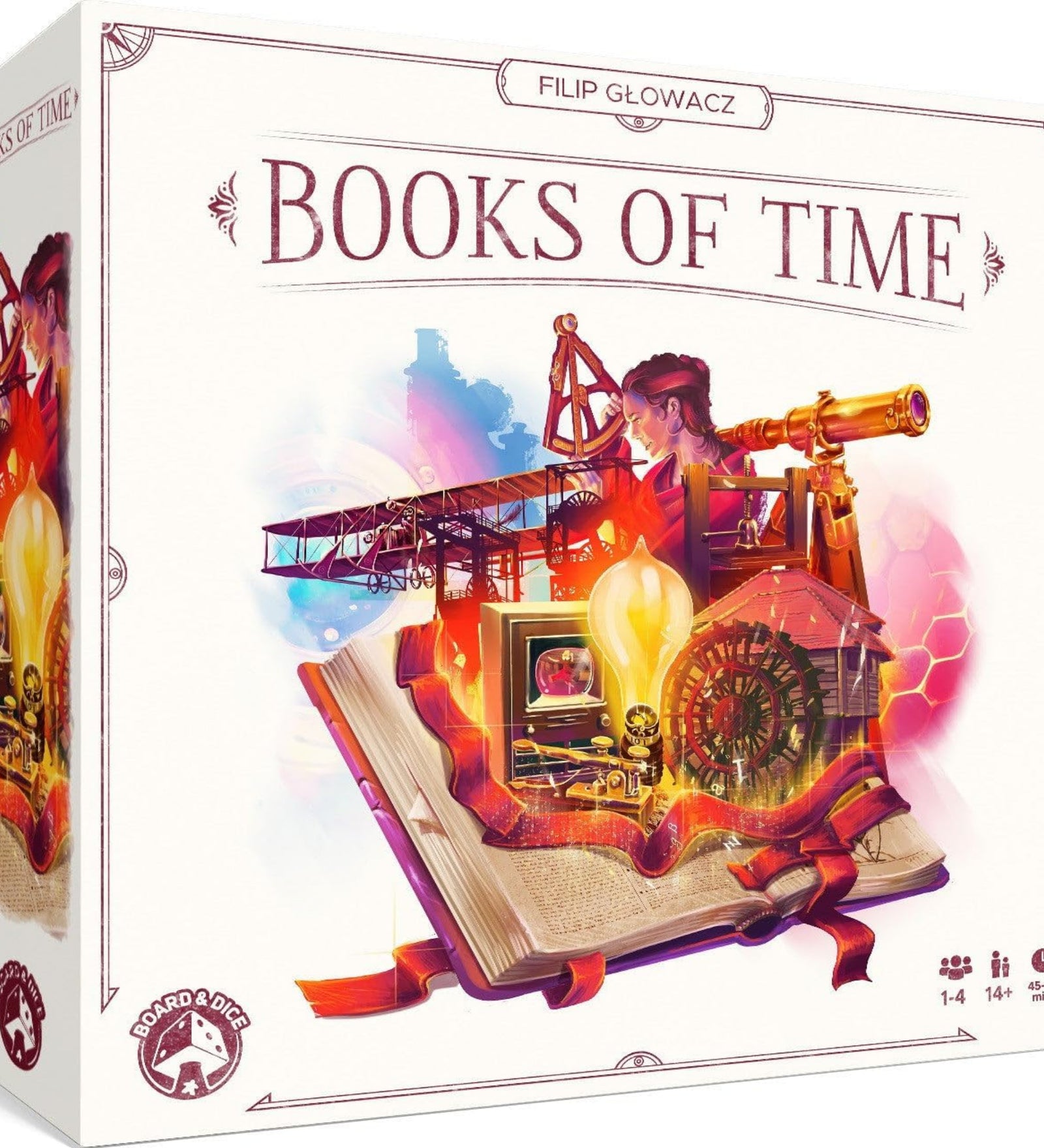 Books of Time társasjáték doboza, amelyen kreatív illusztráció látható történelmi felfedezésekről, technológiai újításokról és az emberiség fejlődéséről.