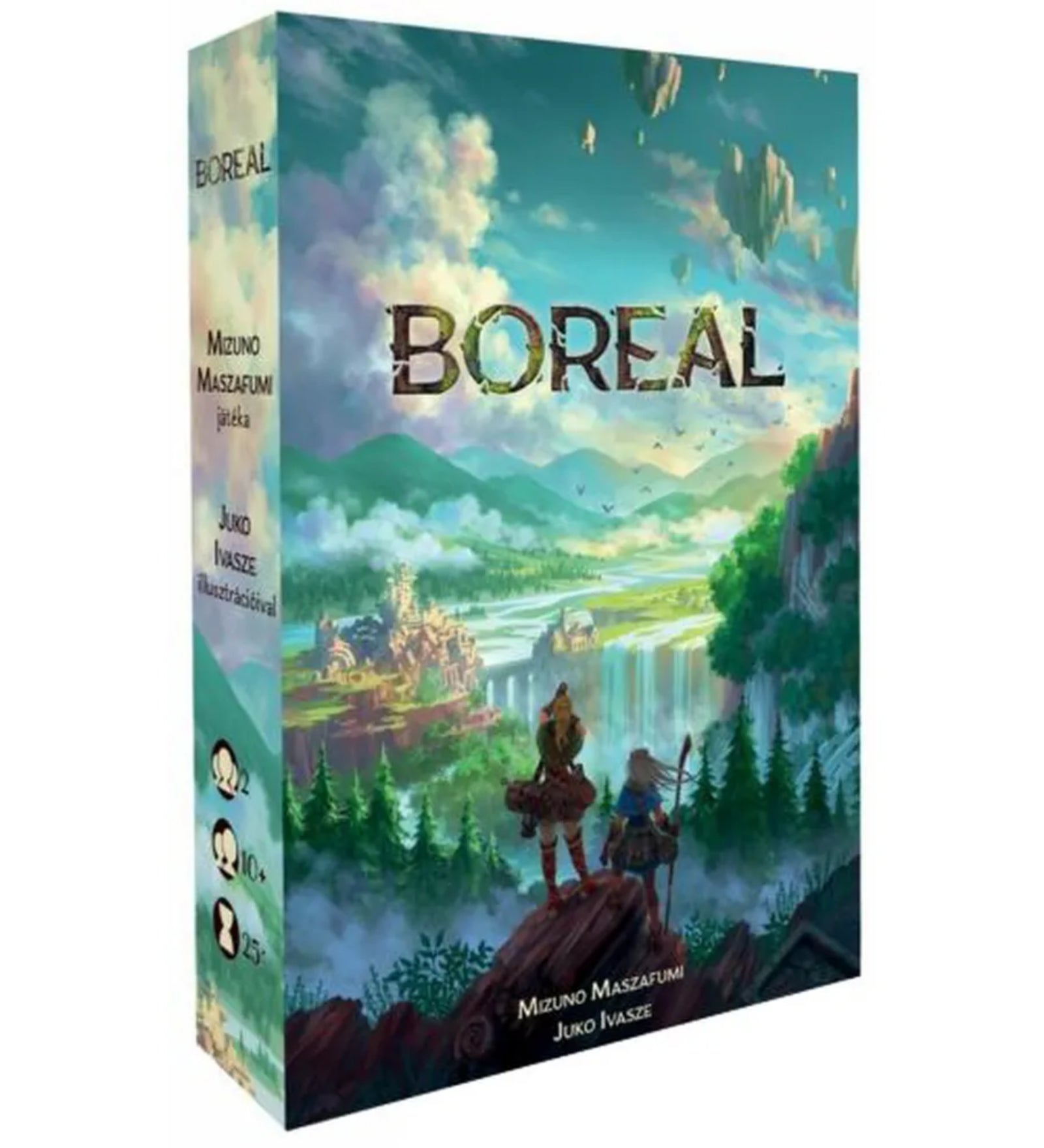 Dobozkép a Boreal társasjátékról, amely két kalandort ábrázol egy sziklás kilátón, háttérben egy mesés, zöld hegyvidéki tájjal. A doboz bal oldalán a játékosok száma, ajánlott kor és játékidő is látható.