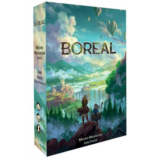 Dobozkép a Boreal társasjátékról, amely két kalandort ábrázol egy sziklás kilátón, háttérben egy mesés, zöld hegyvidéki tájjal. A doboz bal oldalán a játékosok száma, ajánlott kor és játékidő is látható.