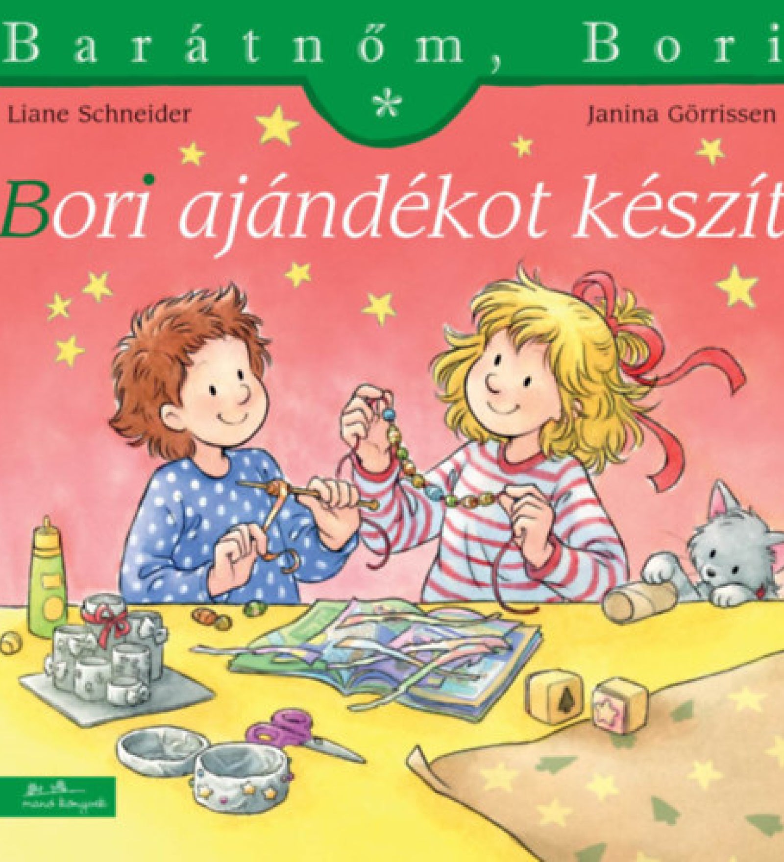 „Bori ajándékot készít” borító – Bori és egy barátja kreatív ajándékkészítés közben, színes papírokkal, gyöngyökkel, ollóval és szalagokkal díszített asztalnál, ünnepi hangulatban.