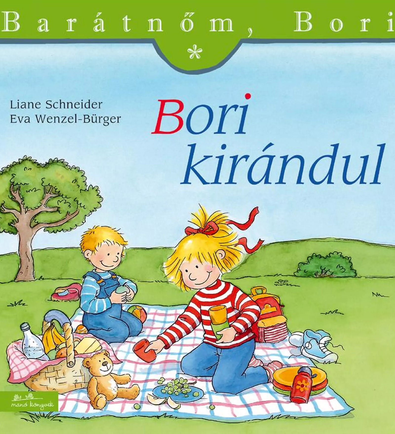 A „Bori kirándul” című gyerekkönyv borítója, amelyen Bori és egy kisfiú piknikeznek egy takarón a fűben, körülöttük ételek, játékok és egy fa a háttérben.