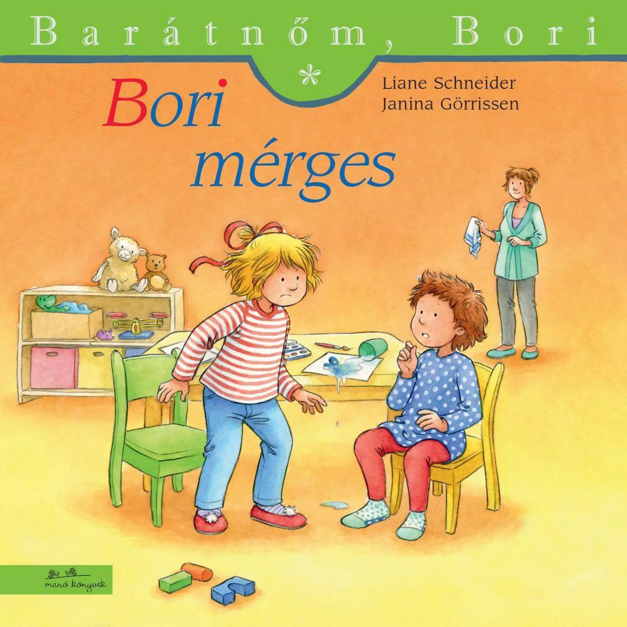 A „Bori mérges” című gyerekkönyv borítója, amelyen Bori dühösen áll egy másik kislány előtt egy óvodai szobában, háttérben egy felnőtt nő zsebkendőt tartva figyeli a jelenetet.