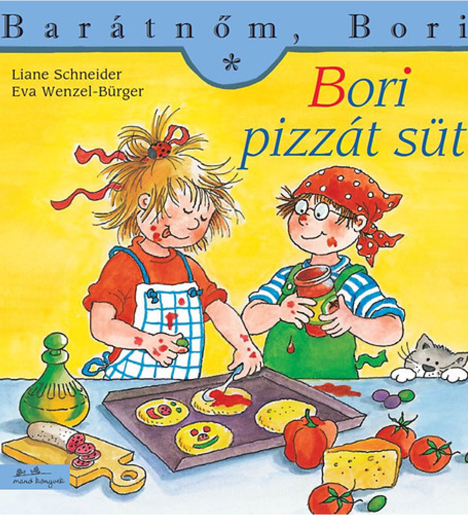 A „Bori pizzát süt” (Barátnőm, Bori 29.) könyv borítója, amelyen Bori és egy fiú vidáman pizzát készítenek a konyhában, színes zöldségek és mosolygós arcú pizzaszeletek között, háttérben egy kíváncsi cica.
