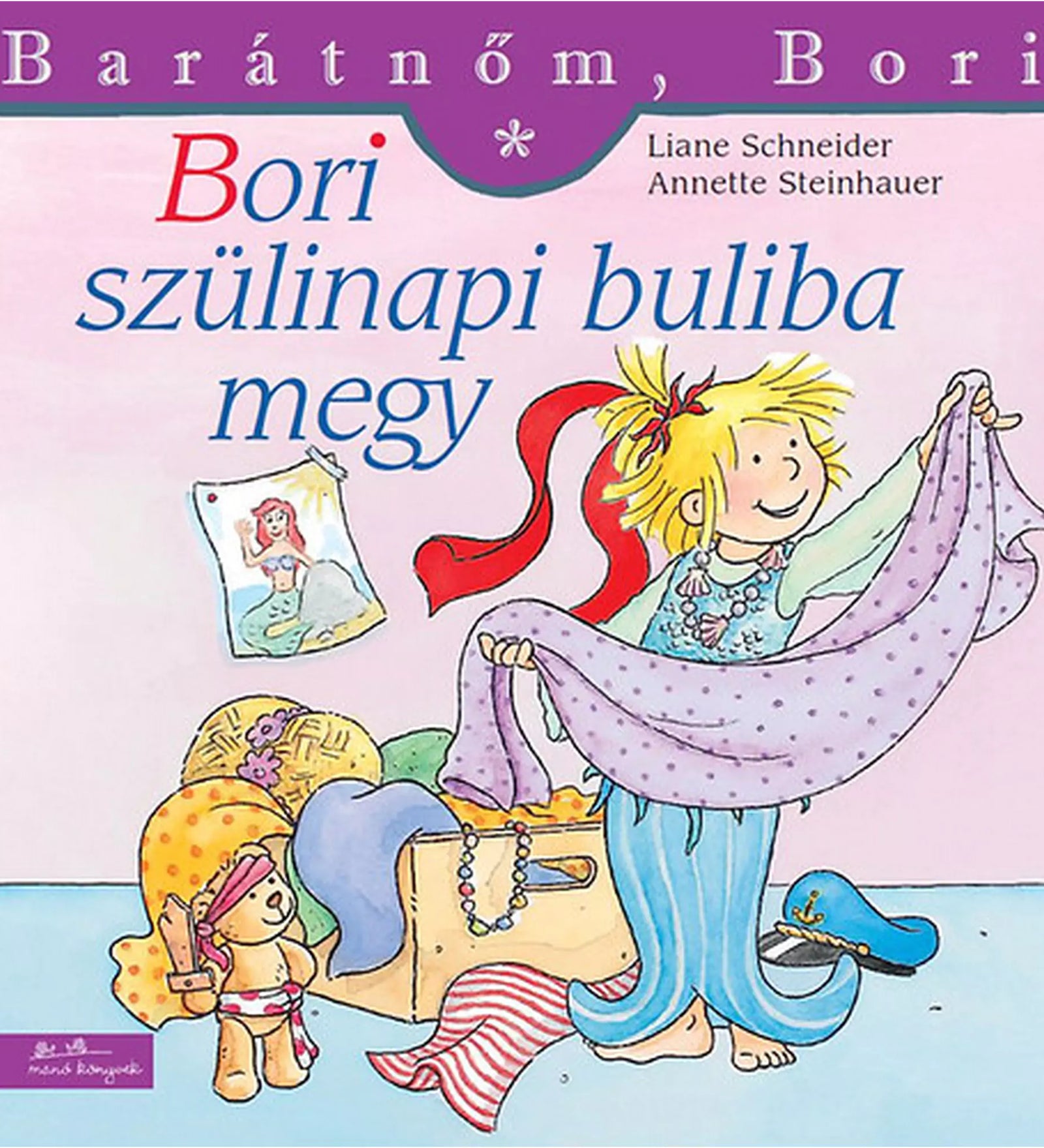 A „Bori szülinapi buliba megy” című gyerekkönyv borítója, amelyen Bori örömmel tart egy lila kendőt a kezében, miközben beöltözik egy jelmezbe a szobájában, plüssfigurák és játékok társaságában.