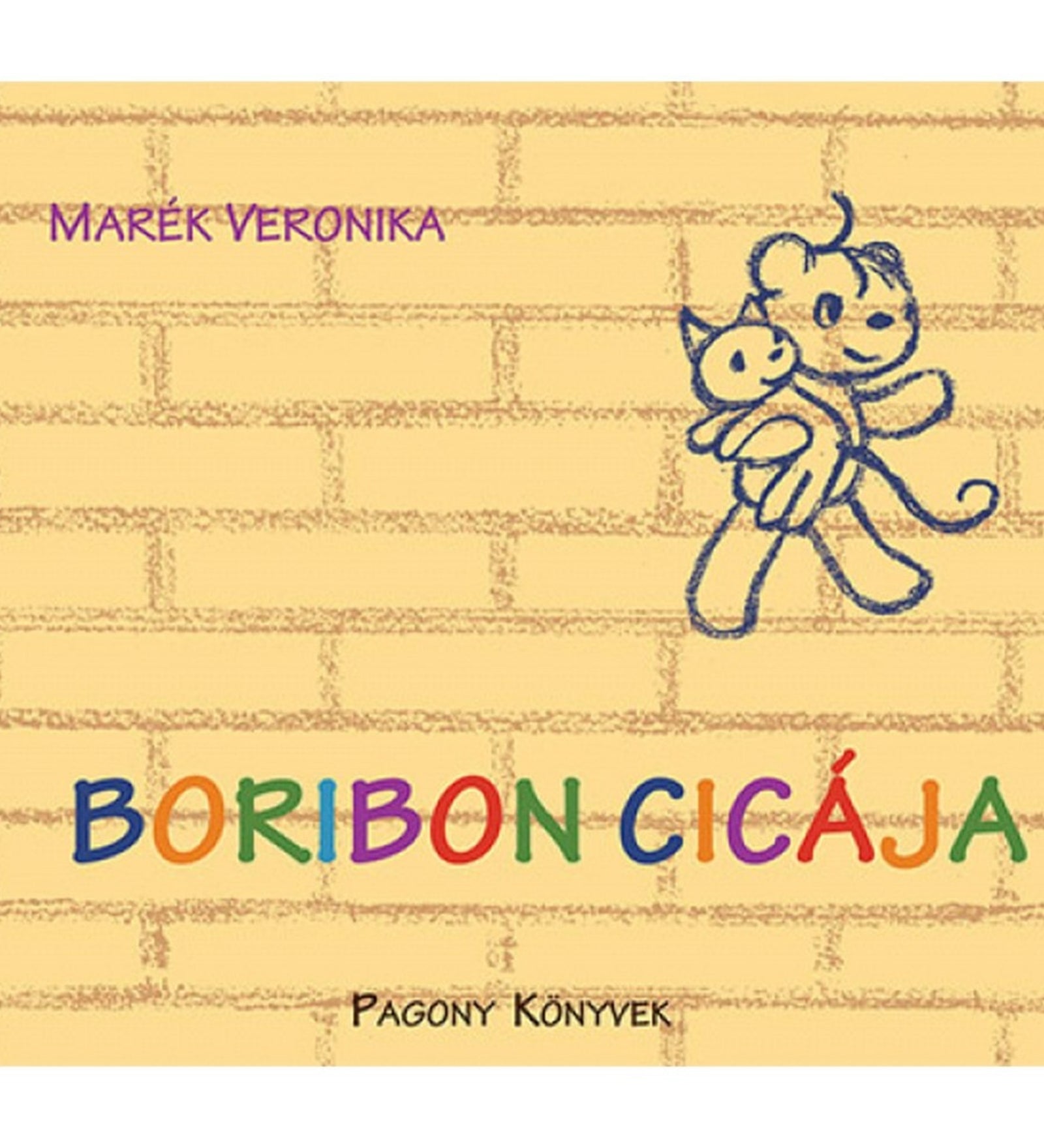 Boribon cicája könyv borító, sárga téglafal mintával, Boribon és a cica rajzával, színes címfelirattal.