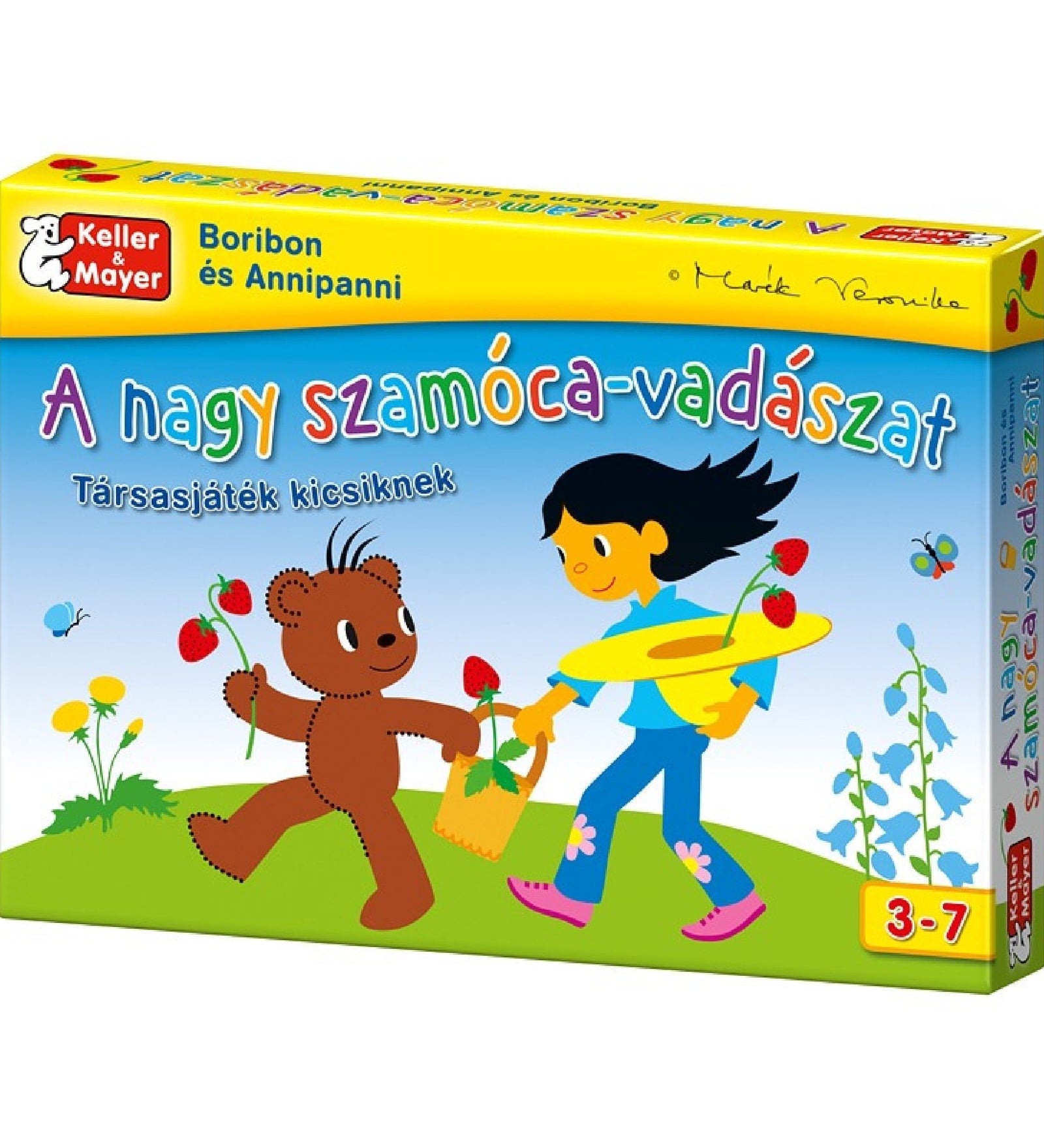 Boribon és Annipanni - A nagy szamóca-vadászat társasjáték doboza, rajta Boribon sétál Annipannival, szamócát gyűjtőgetve, ideális 3-7 éves gyerekek számára.