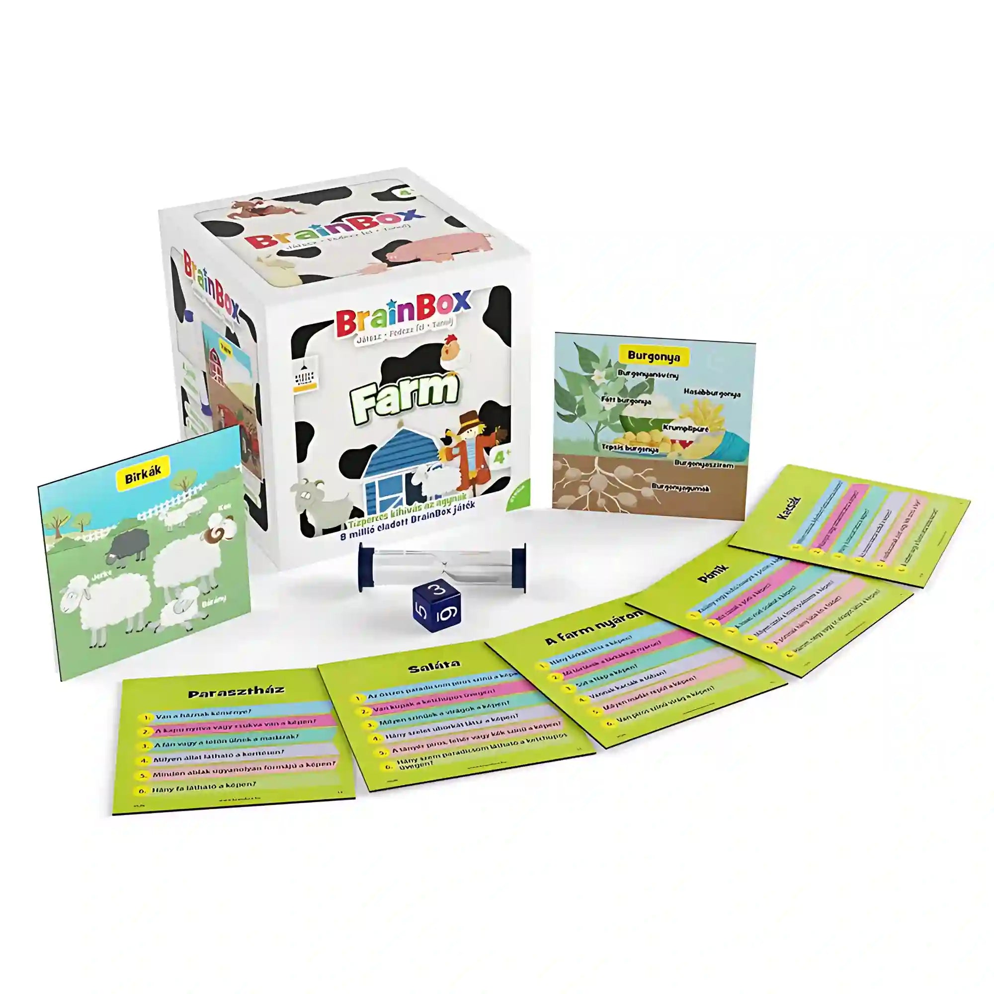 BrainBox - Farm magyar nyelvu tarsasjatek doboza, henany kerdes kartya , egy homokora es egy 6 oldalu dobokocka
