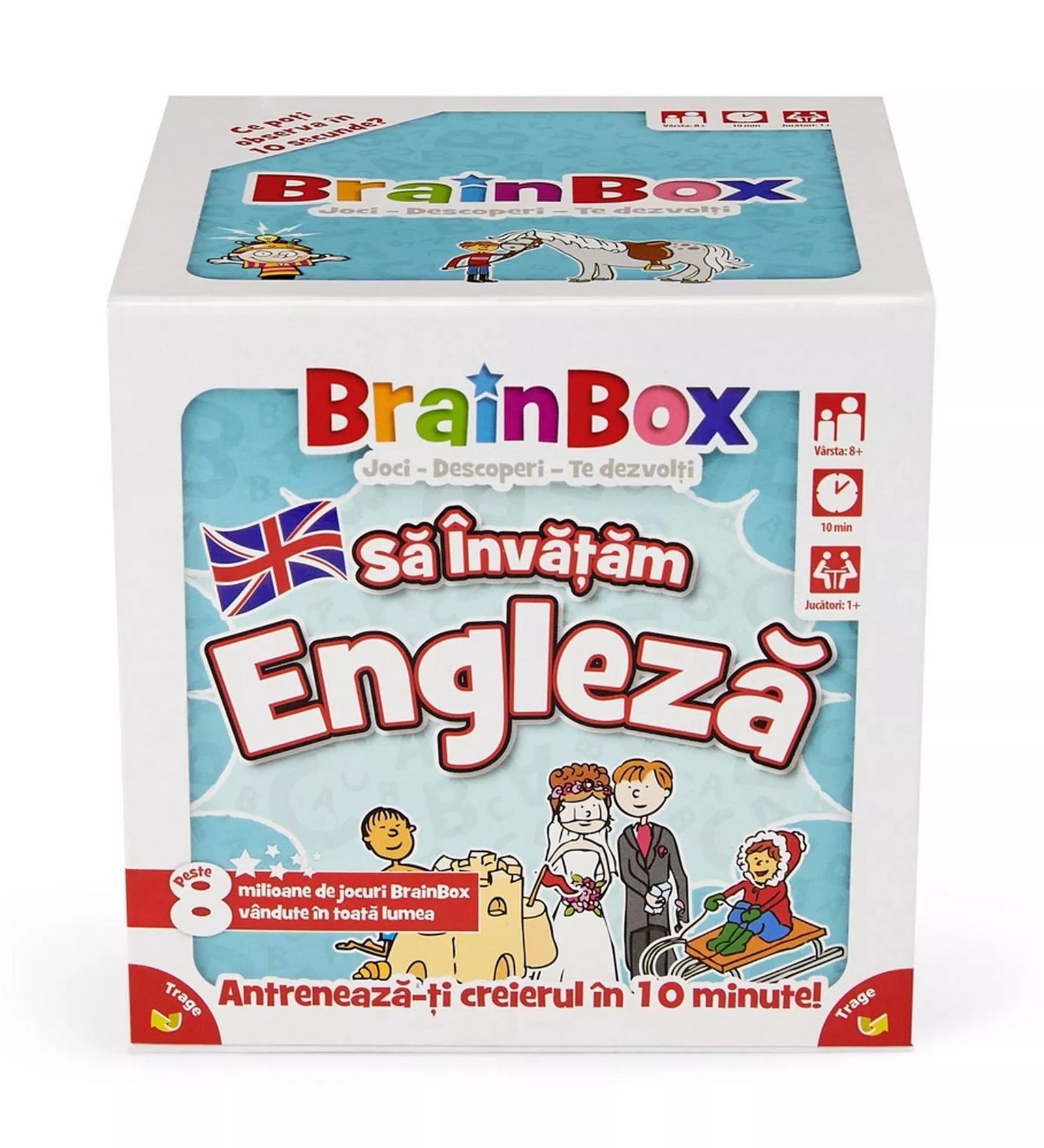 A BrainBox – Să învățăm Engleză társasjáték doboza, színes illusztrációkkal és a brit zászlóval díszítve. A csomagolás jelzi, hogy a játék 8 éves kortól ajánlott, és 10 perces tanulási körökre épül.