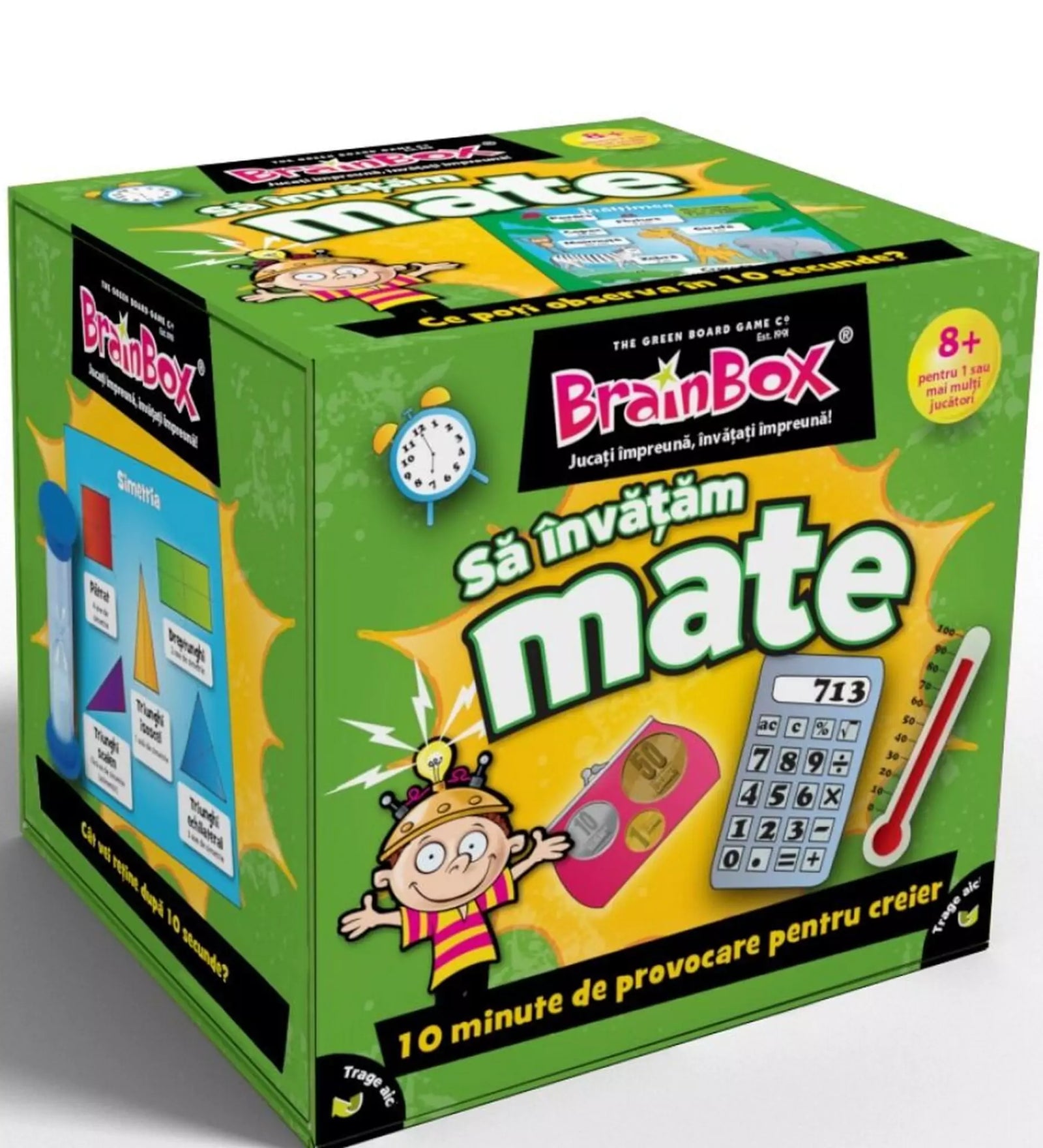 „BrainBox – Să învățăm mate társasjáték zöld színű doboza közelről, a matematikai illusztrációkkal és a játék logójával.”