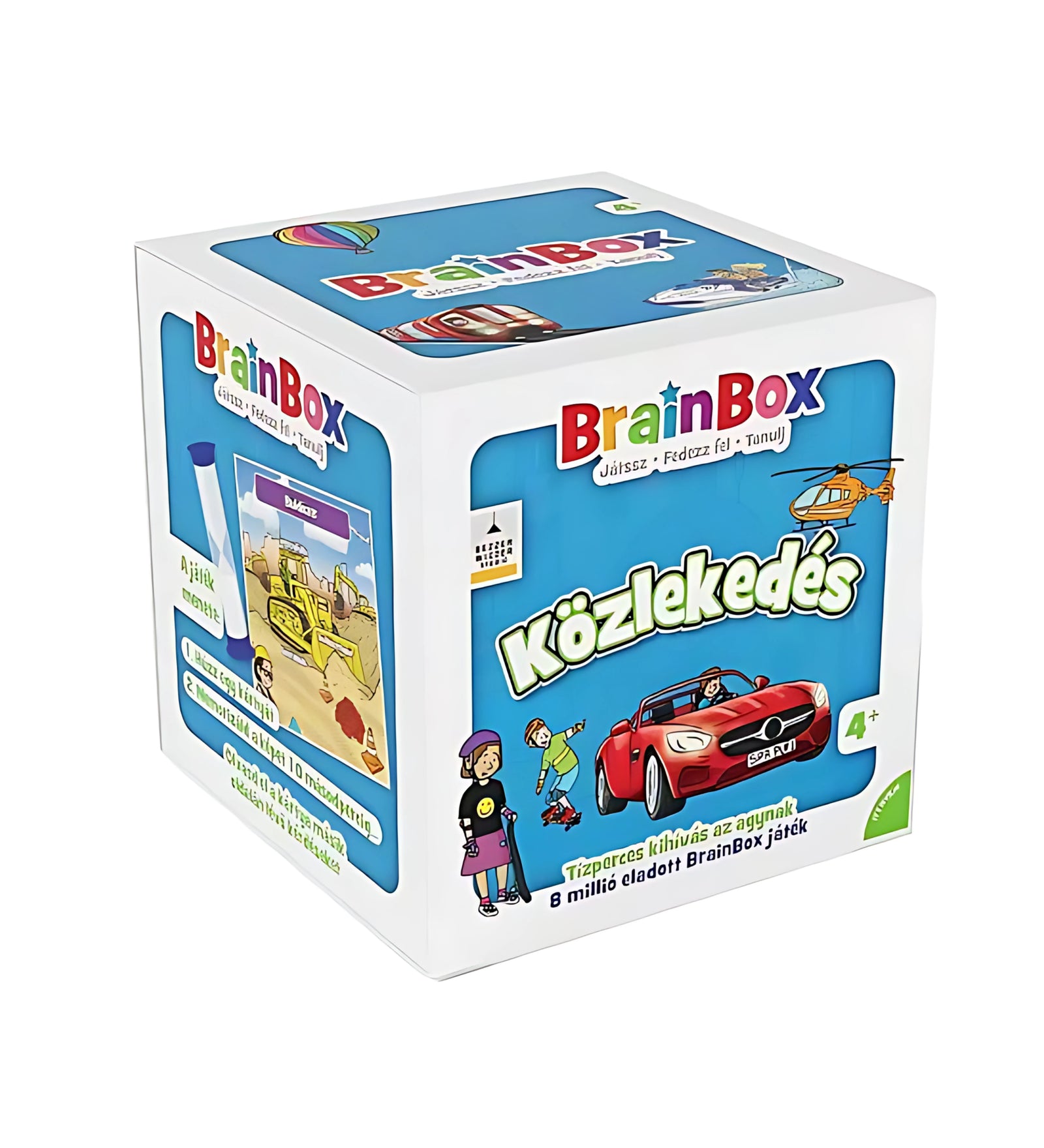 A BrainBox Közlekedés társasjáték színes doboza, amelyen különféle járművek és közlekedési eszközök illusztrációi láthatók, a 4 éves kortól ajánlott játék információival.