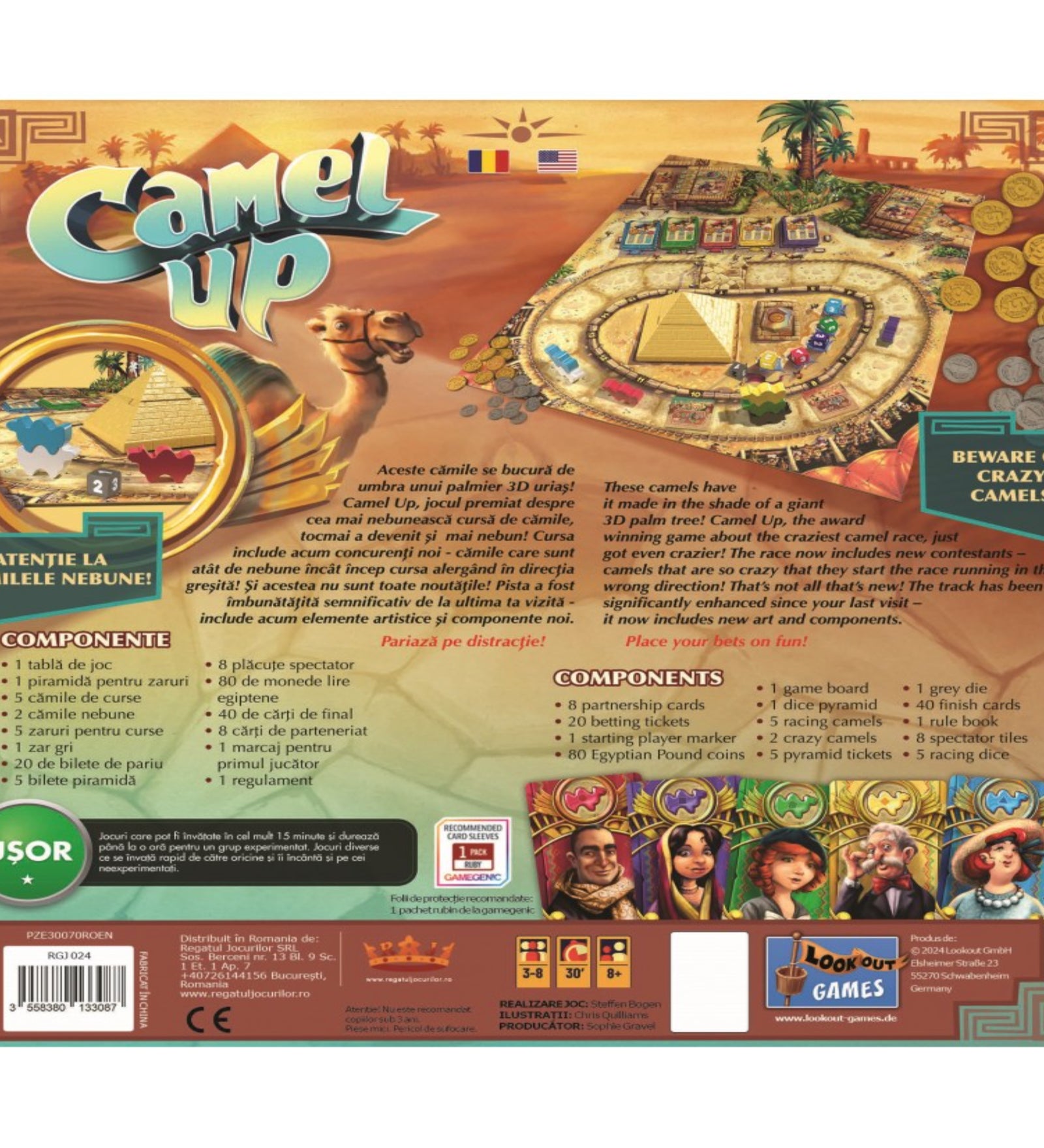 Camel Up (Second Edition) társasjáték doboz hátoldala, a játéktáblával, piramis dobókockával, tevékkel, érmékkel és kártyákkal, valamint a játékmenetet bemutató leírással