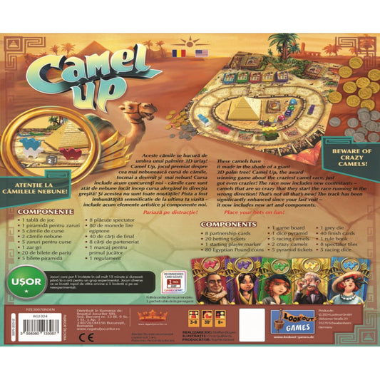 Camel Up (Second Edition) társasjáték doboz hátoldala, a játéktáblával, piramis dobókockával, tevékkel, érmékkel és kártyákkal, valamint a játékmenetet bemutató leírással