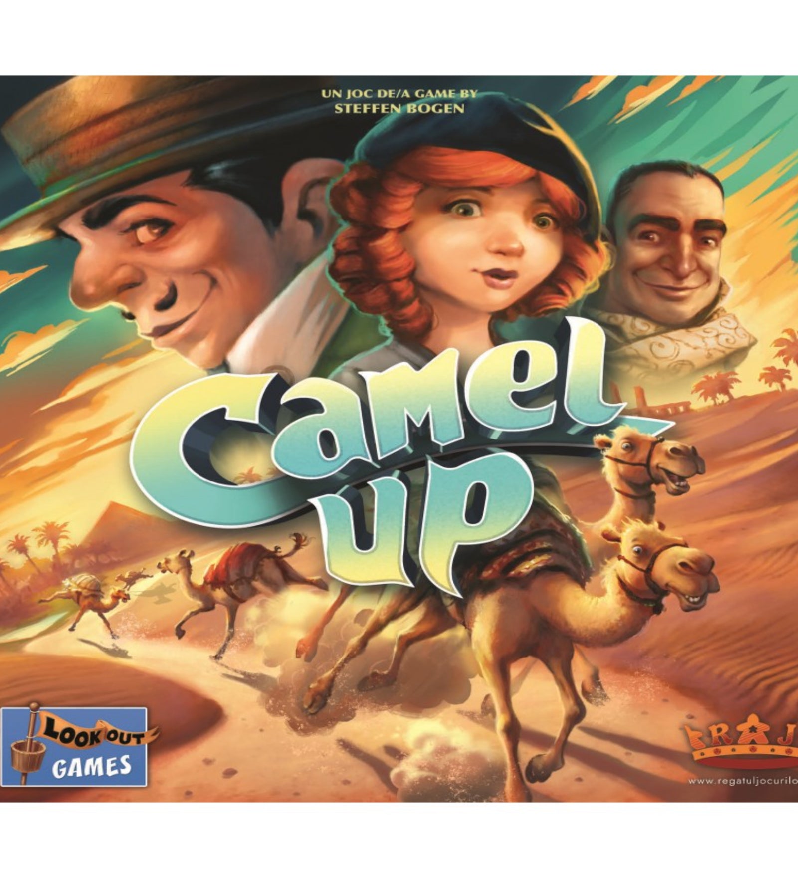 Camel Up (Second Edition) társasjáték dobozborító, színes illusztrációval versenyző tevékről a sivatagban, középen a Camel Up logóval és a Lookout Games kiadó jelzésével