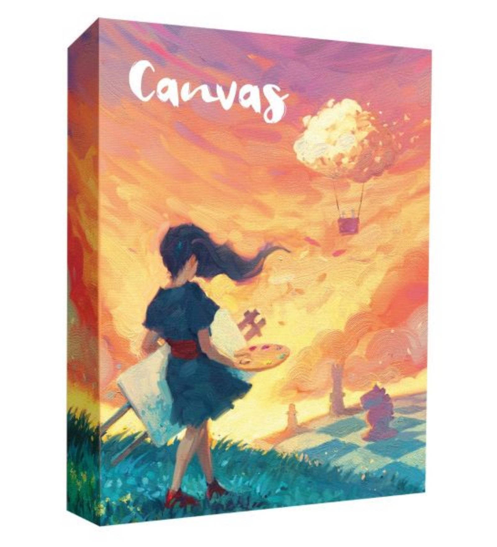 A Canvas társasjáték doboza, amelyen egy művészi stílusban festett jelenet látható: egy lány festőpalettával egy színes, álomszerű tájban, lebegő felhőlufival a háttérben.