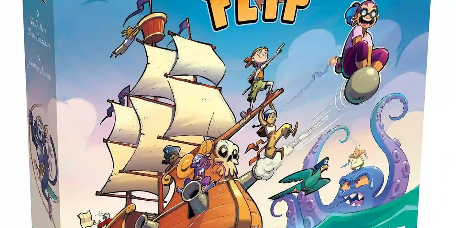 Captain Flip társasjáték doboza kalózhajóval, kalózokkal és tengeri szörnnyel.