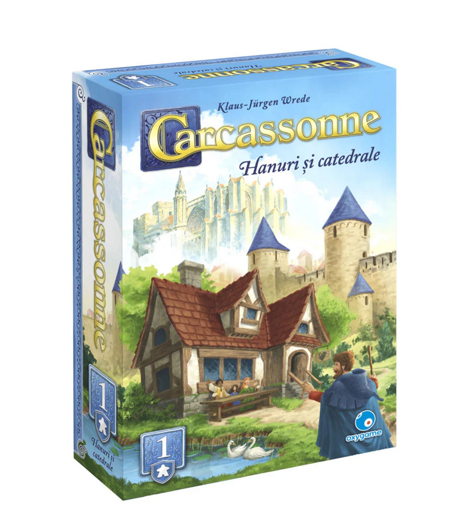 „Carcassonne – Hanuri și catedrale kiegészítő doboza, fogadóval, tavacskával és háttérben magasodó katedráléval illusztrálva.”