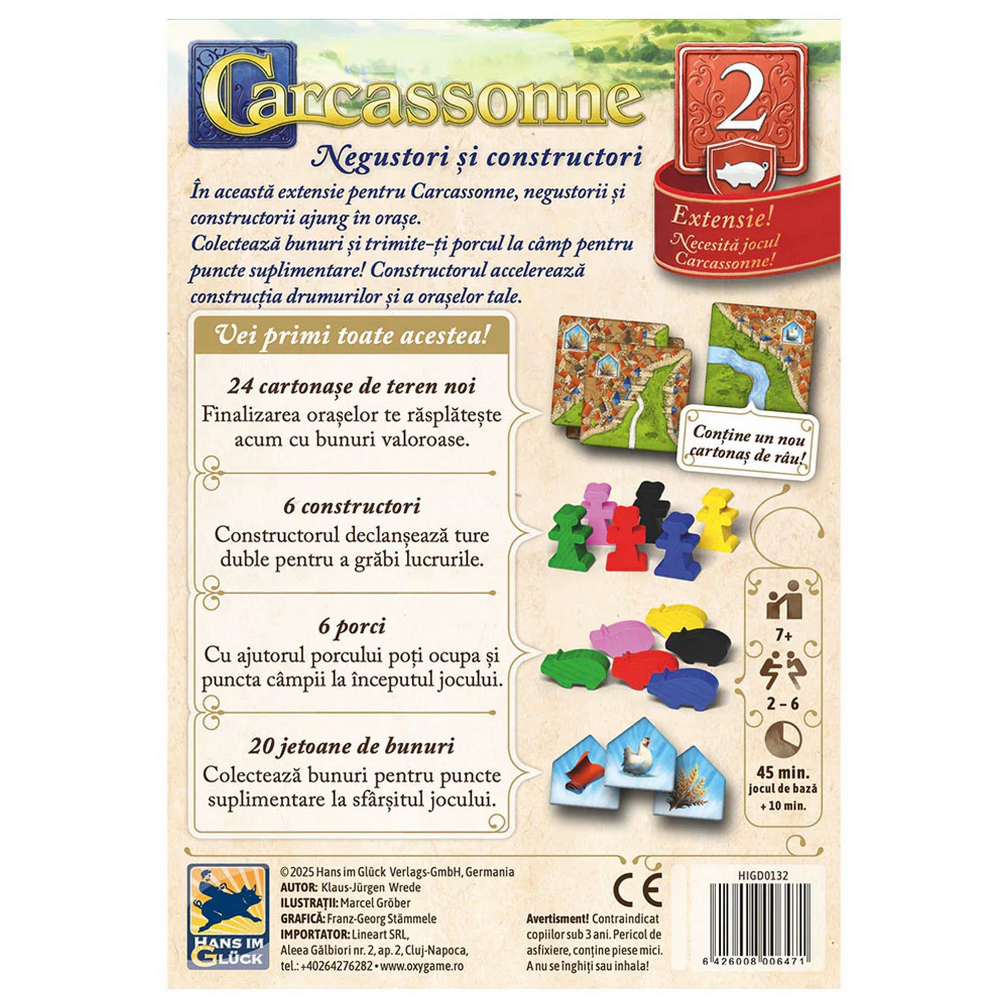 „Carcassonne – Negustori și constructori kiegészítő dobozhátlapja, új tereplapokkal, kereskedő- és építőfigurákkal, valamint árubónusz jelölőkkel.”