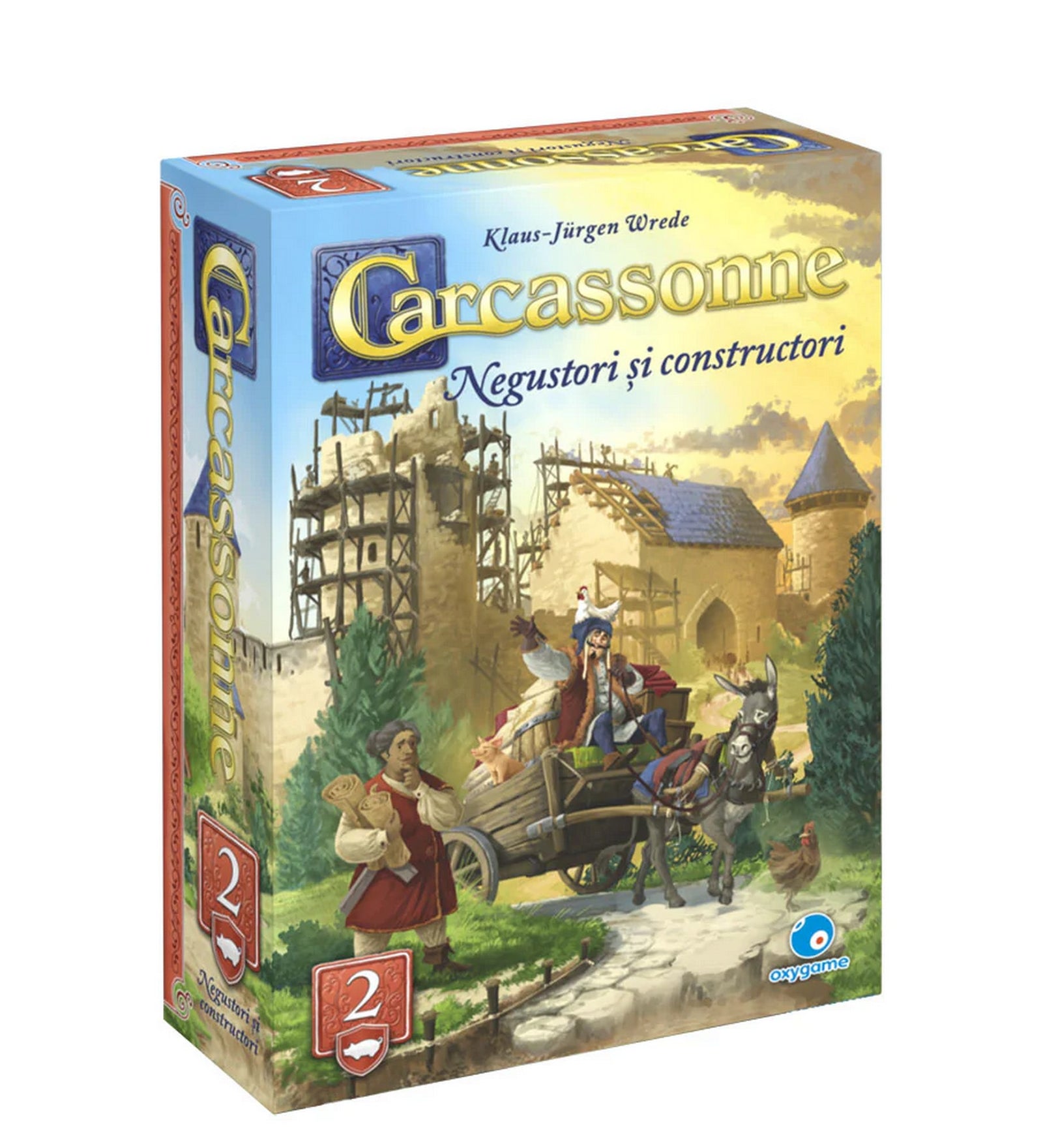 „Carcassonne – Negustori și constructori kiegészítő doboza, középkori városépítést és kereskedelmet ábrázoló illusztrációval.”