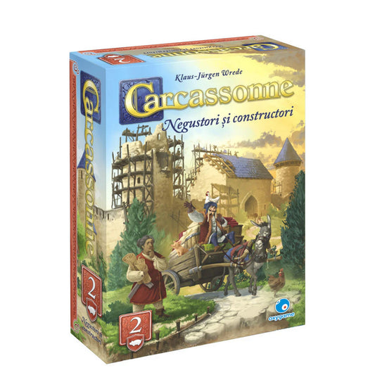 „Carcassonne – Negustori și constructori kiegészítő doboza, középkori városépítést és kereskedelmet ábrázoló illusztrációval.”