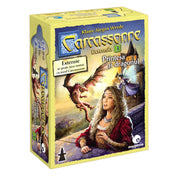 A Carcassonne Prințesa și dragonul kiegészítő dobozának eleje, amelyen egy vár erkélyén álló hercegnő látható, háttérben egy repülő sárkánnyal és egy tündérrel. A doboz a Carcassonne társasjáték harmadik kiegészítőjét jelöli.