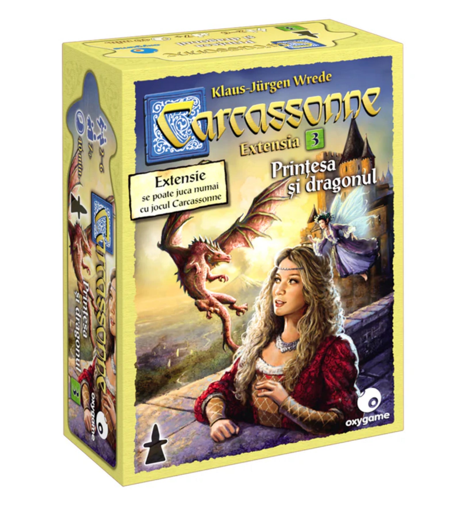 A Carcassonne Prințesa și dragonul kiegészítő dobozának eleje, amelyen egy vár erkélyén álló hercegnő látható, háttérben egy repülő sárkánnyal és egy tündérrel. A doboz a Carcassonne társasjáték harmadik kiegészítőjét jelöli.