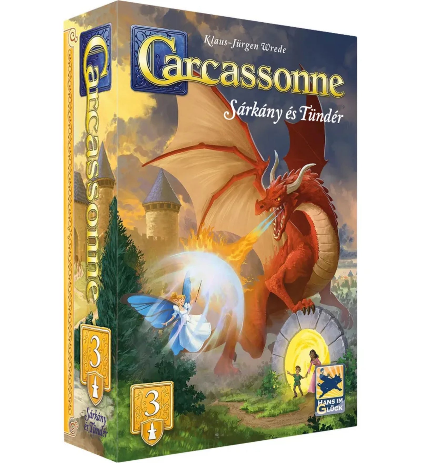 A Carcassonne: Sárkány és Tündér kiegészítő doboza, amelyen egy hatalmas vörös sárkány tüzet okád, miközben egy kék szárnyú tündér varázserővel védekezik. A háttérben középkori vár és erdei ösvény látható.