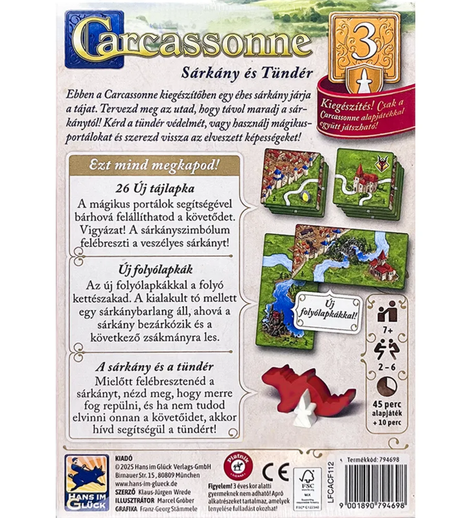 A Carcassonne: Sárkány és Tündér kiegészítő hátlapja, részletes ismertetővel a tartalomról. Láthatóak az új tájlapkák, a folyólapkák, valamint a sárkány és tündér figurái, amelyek új játékszabályokat hoznak a Carcassonne világába.