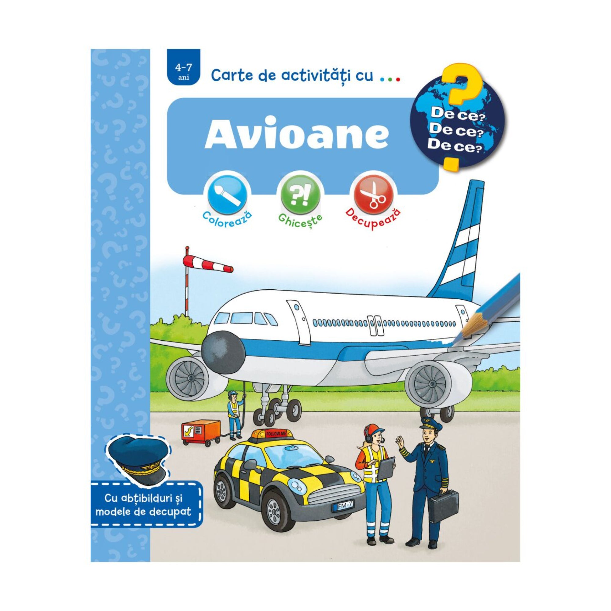 Avioane – gyerekkönyv borító, amelyen egy repülőgép áll a kifutón, előtte irányítóautó, földi személyzet és pilóta beszélget.