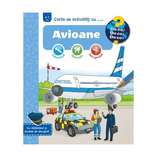 Avioane – gyerekkönyv borító, amelyen egy repülőgép áll a kifutón, előtte irányítóautó, földi személyzet és pilóta beszélget.