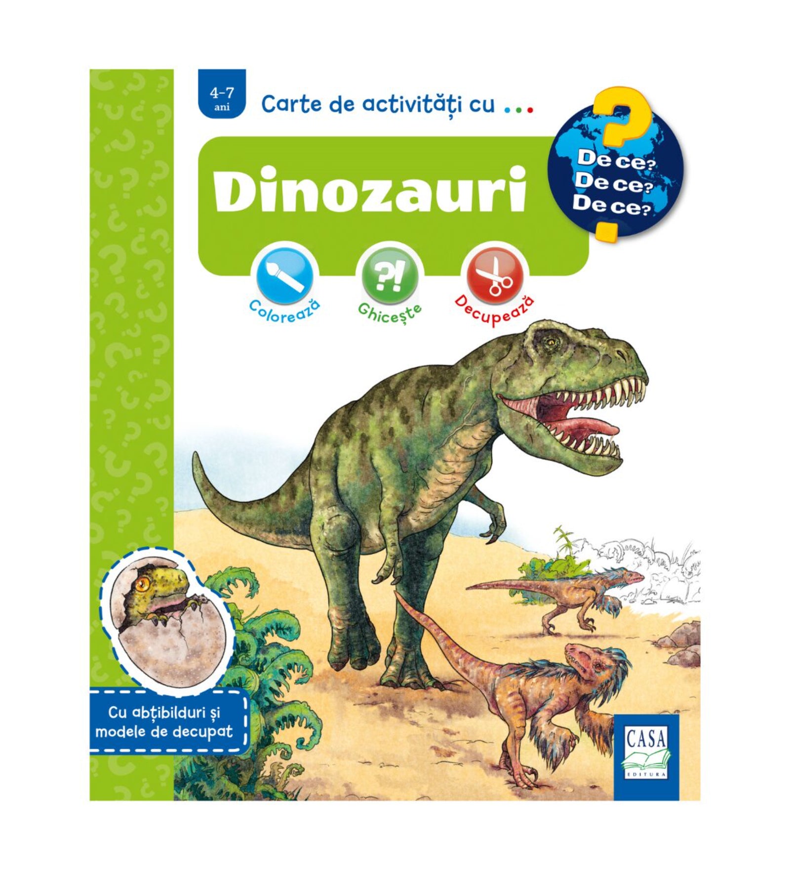 Dinozauri – gyerekkönyv borító, amelyen hatalmas T. rex és kisebb dinoszauruszok láthatók őskori tájban, színes és részben kiszínezhető illusztrációval.