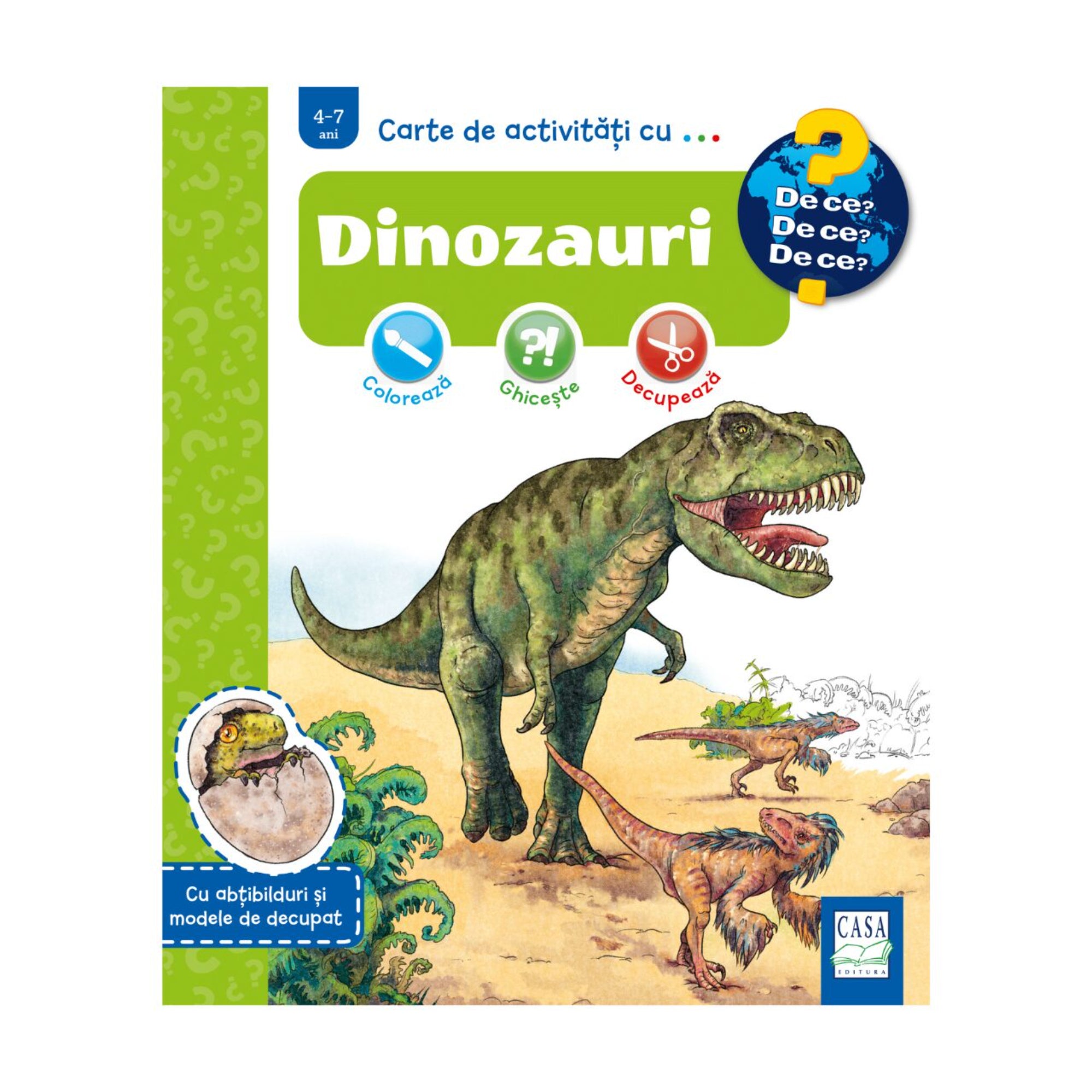 Dinozauri – gyerekkönyv borító, amelyen hatalmas T. rex és kisebb dinoszauruszok láthatók őskori tájban, színes és részben kiszínezhető illusztrációval.