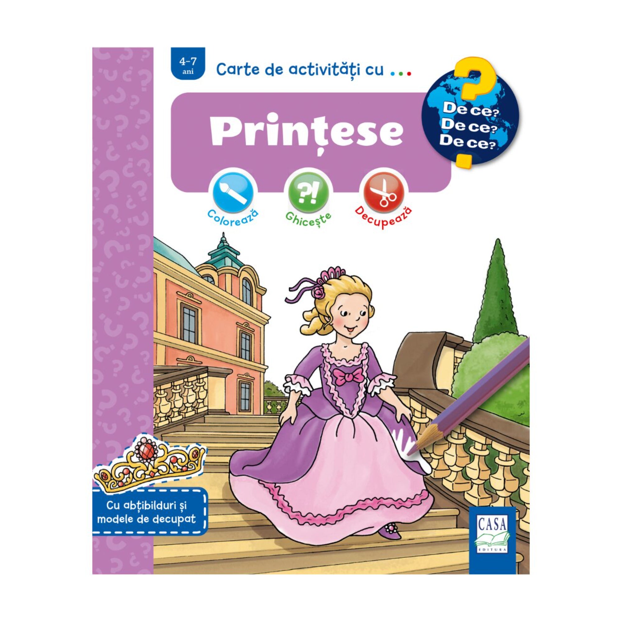 Prințese – gyerekkönyv borító, amelyen egy hercegnő lila-rózsaszín ruhában lépked a kastély lépcsőjén, háttérben díszes kert és épület.