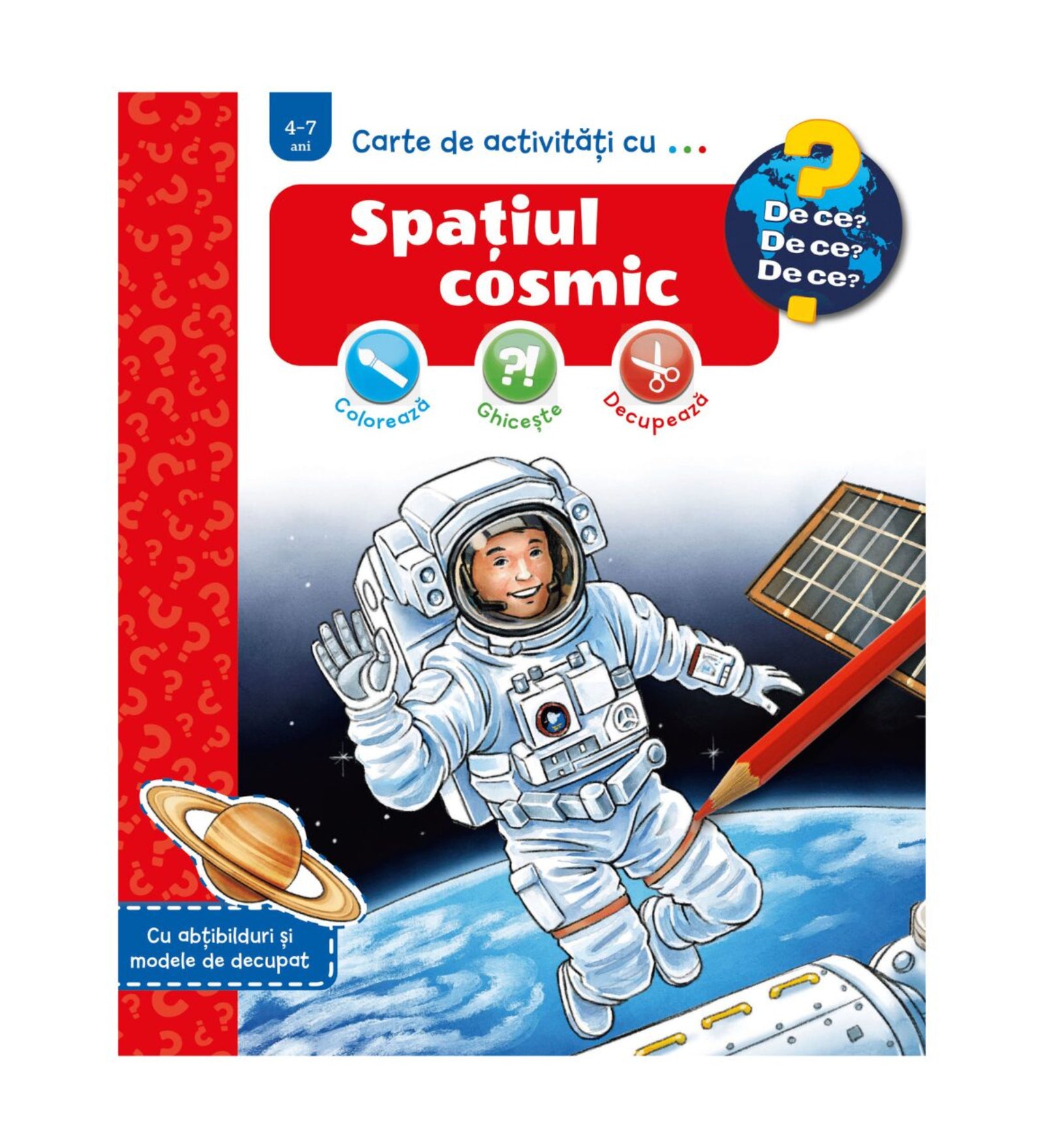 Spațiul cosmic – gyerekkönyv borító, amelyen egy űrhajós lebeg az űrben a Föld fölött, háttérben űrállomás és bolygó látható