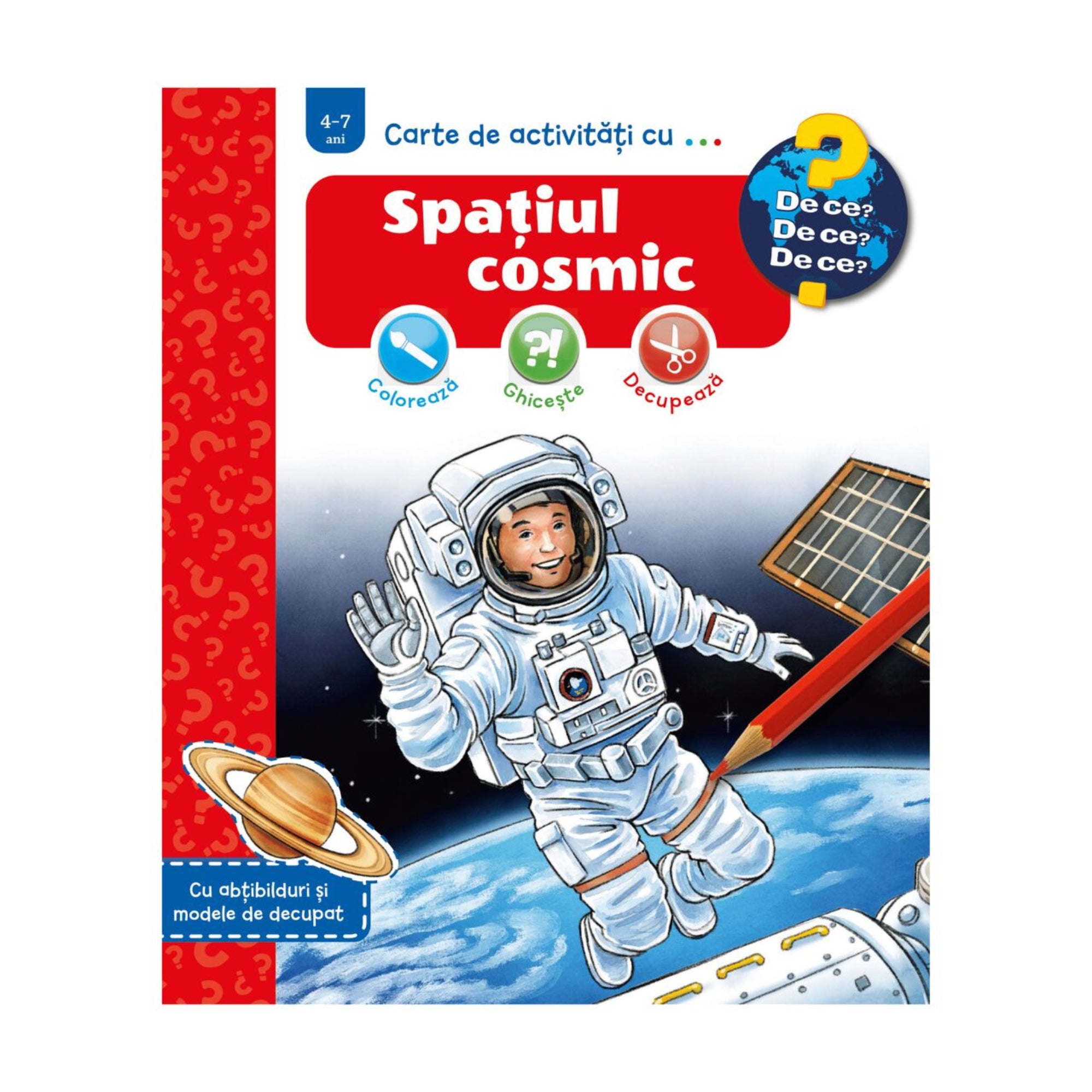 Spațiul cosmic – gyerekkönyv borító, amelyen egy űrhajós lebeg az űrben a Föld fölött, háttérben űrállomás és bolygó látható