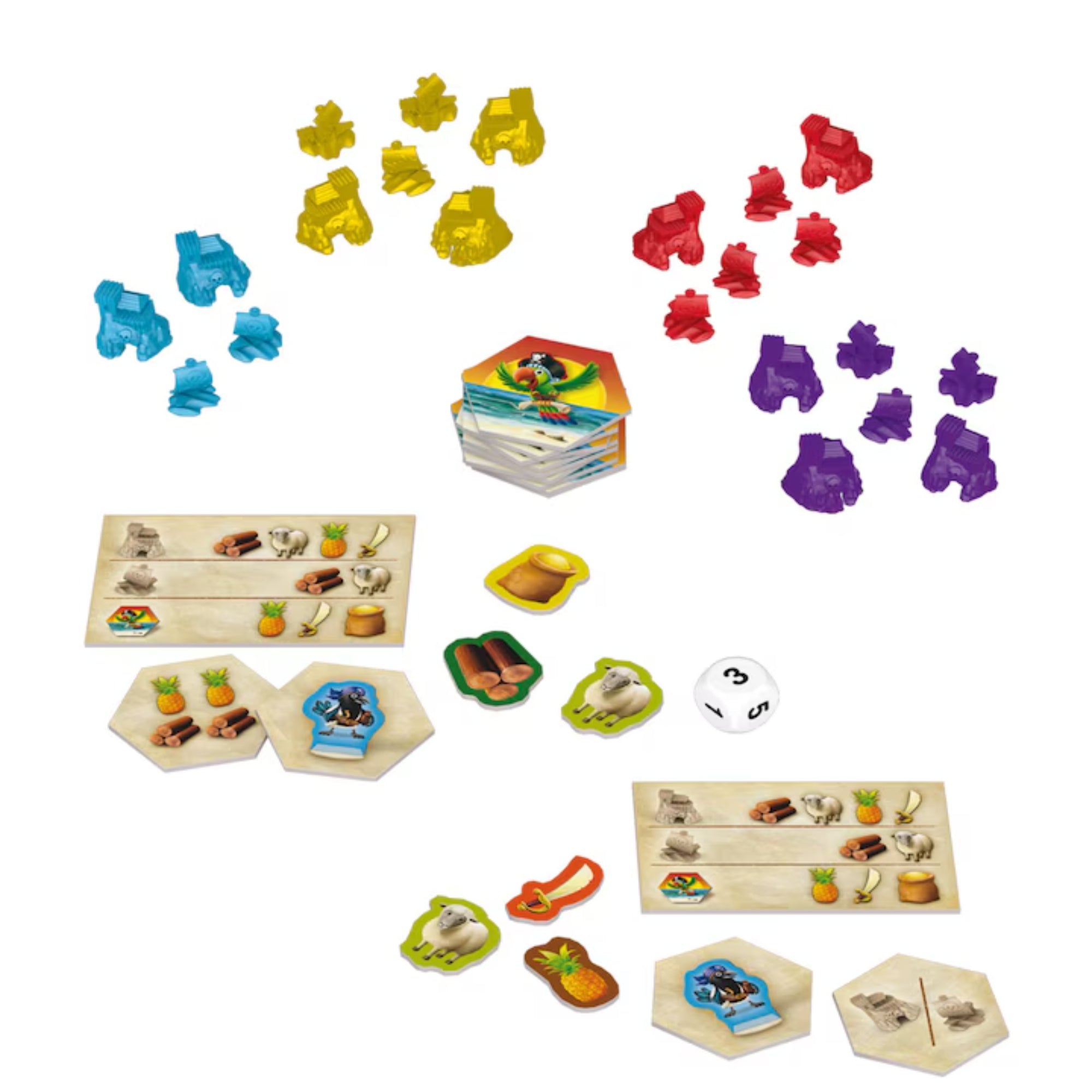 A Catan Junior társasjáték tartozékai, köztük hajók, kalózerődök, kártyák, dobókocka és egyéb játékelemek.