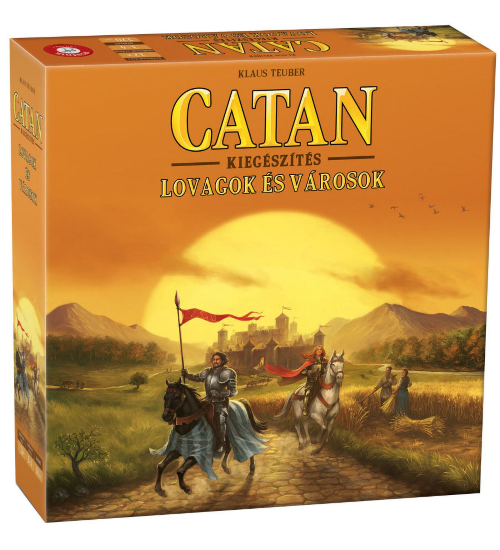 A Catan – Lovagok és városok kiegészítő társasjáték narancssárga doboza, előtérben két lovaggal, háttérben naplementével és egy középkori várral.