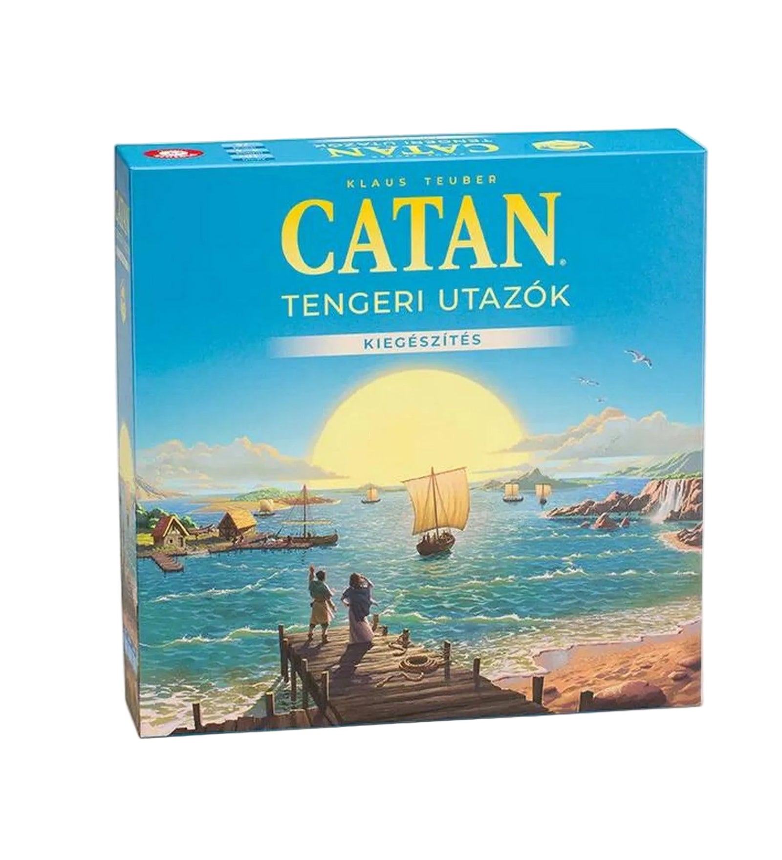 Catan – Tengeri utazók kiegészítő – a játék dobozának elölnézete, tengeri felfedezést ábrázoló illusztrációval