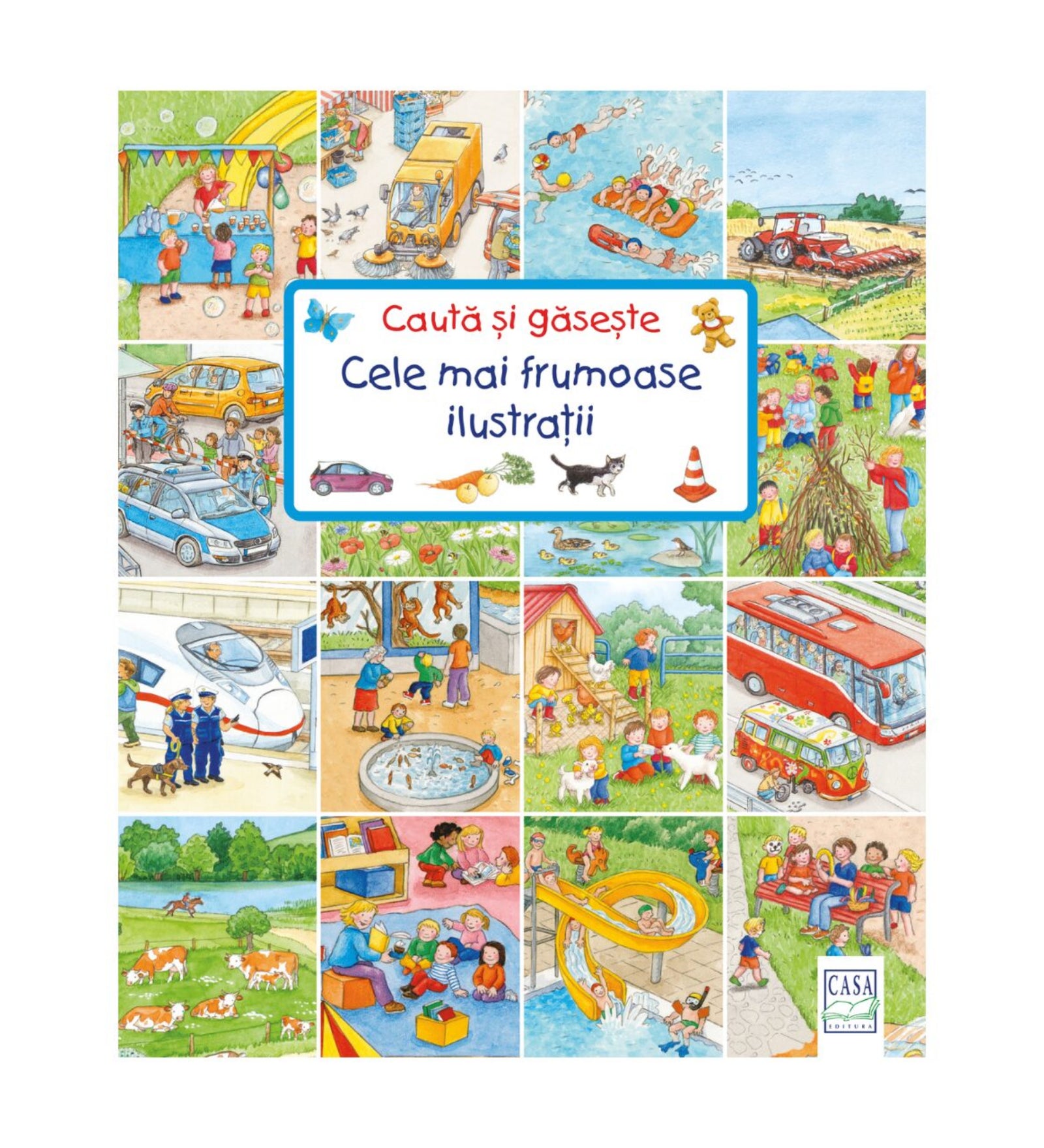 „Caută și găsește – Cele mai frumoase ilustrații” román nyelvű gyerekkönyv borítója, amelyen színes, vidám képrészletek láthatók a mindennapi életből: állatok, járművek, gyerekek játéka és különböző hétköznapi jelenetek.