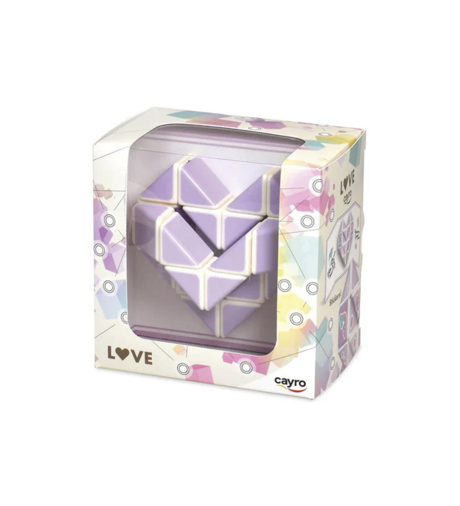 Cayro LOVE szív alakú logikai puzzle dobozban, lila-fehér színű kirakóval, ajándékcsomagolásban.