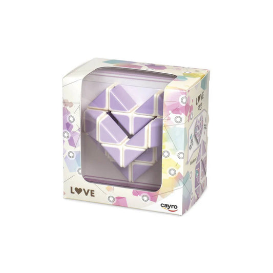 Cayro LOVE szív alakú logikai puzzle dobozban, lila-fehér színű kirakóval, ajándékcsomagolásban.