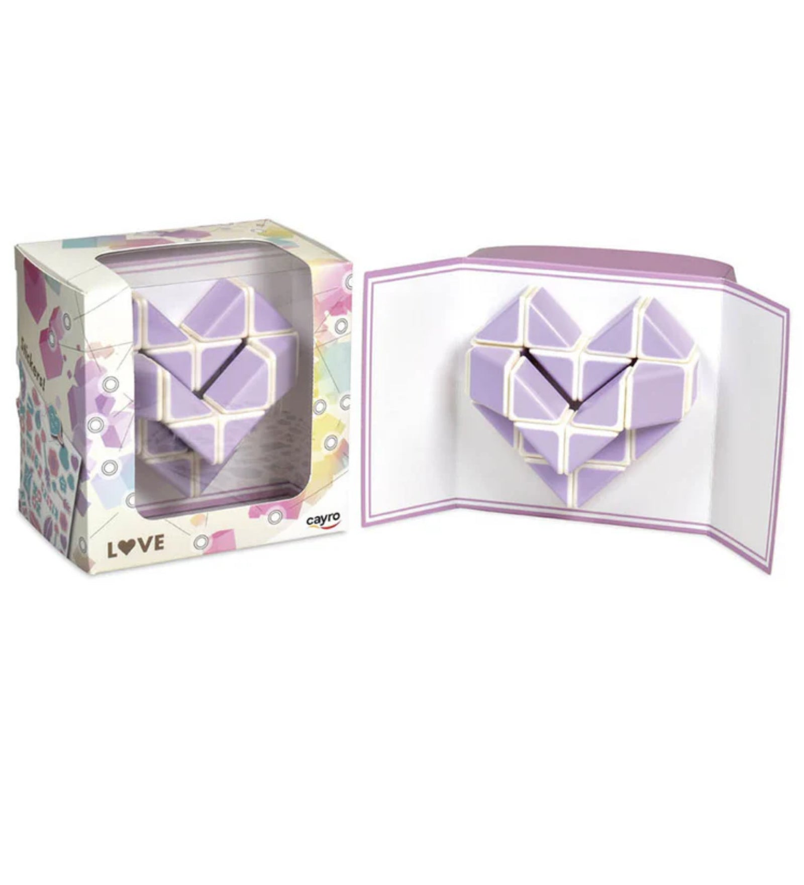 Cayro LOVE szív puzzle dobozzal és kihajtható üzenetkártyával, lila-fehér színű kirakó formázott szív alakban.
