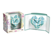 Cayro LOVE szív puzzle dobozzal és kihajtható üzenetkártyával, türkiz-fehér színű szív alakú kirakóval.