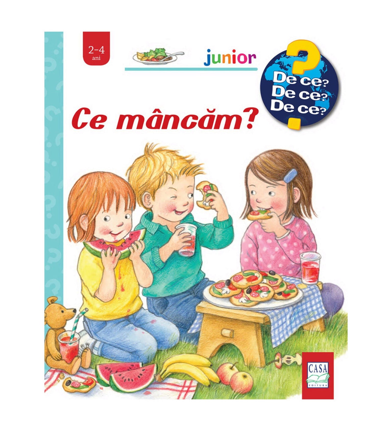Ce mâncăm? – gyerekkönyv borító, amelyen három kisgyerek piknikezik: gyümölcsöt esznek, szendvicseket és üdítőt fogyasztanak, mellettük plüssmackó ül.